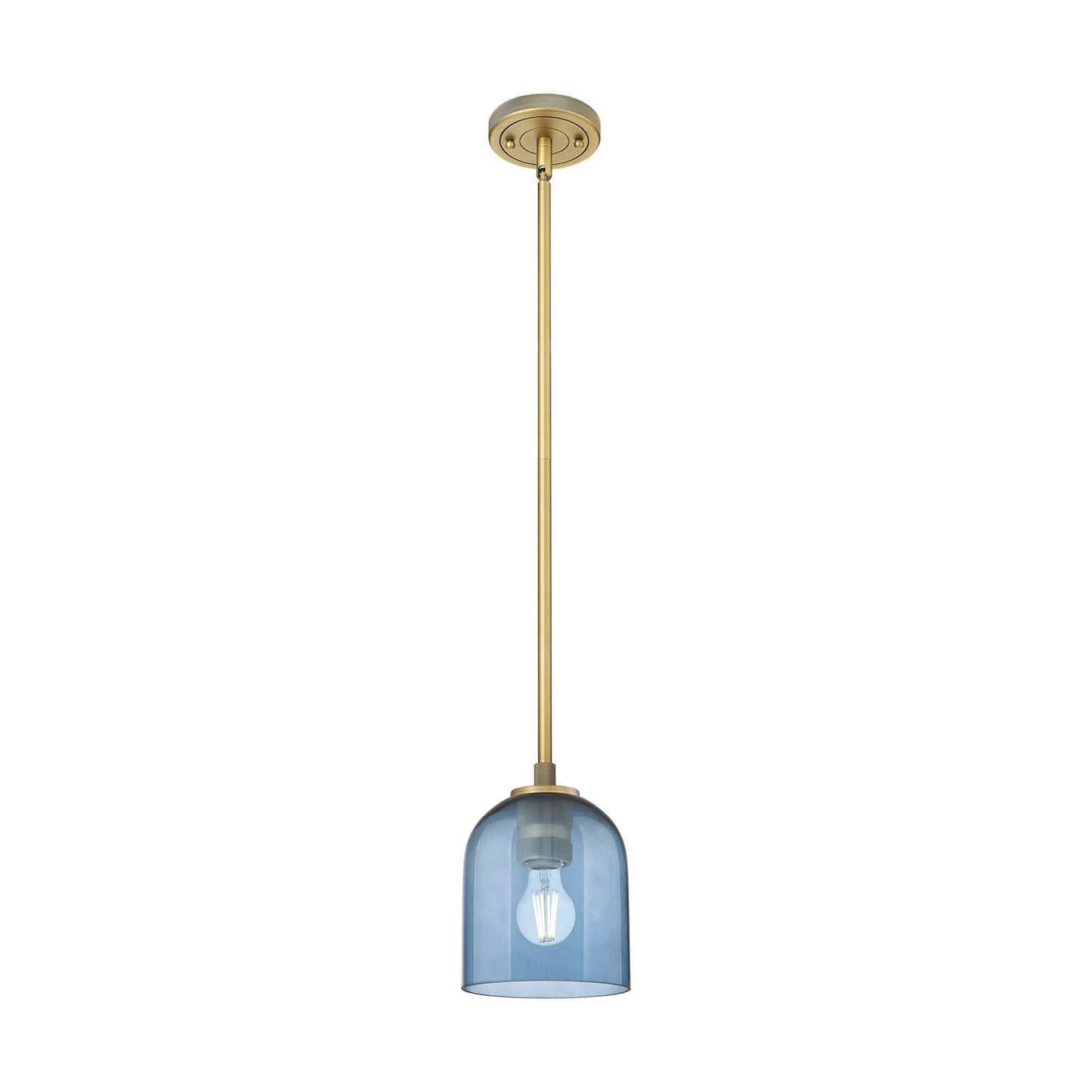 Innovations Bella 6in 1-Light Pendant | Industrial Brushed Brass and Blue Glass | Kitchen Island & Dining Room | Model 434-1S-BB-G558-6BL