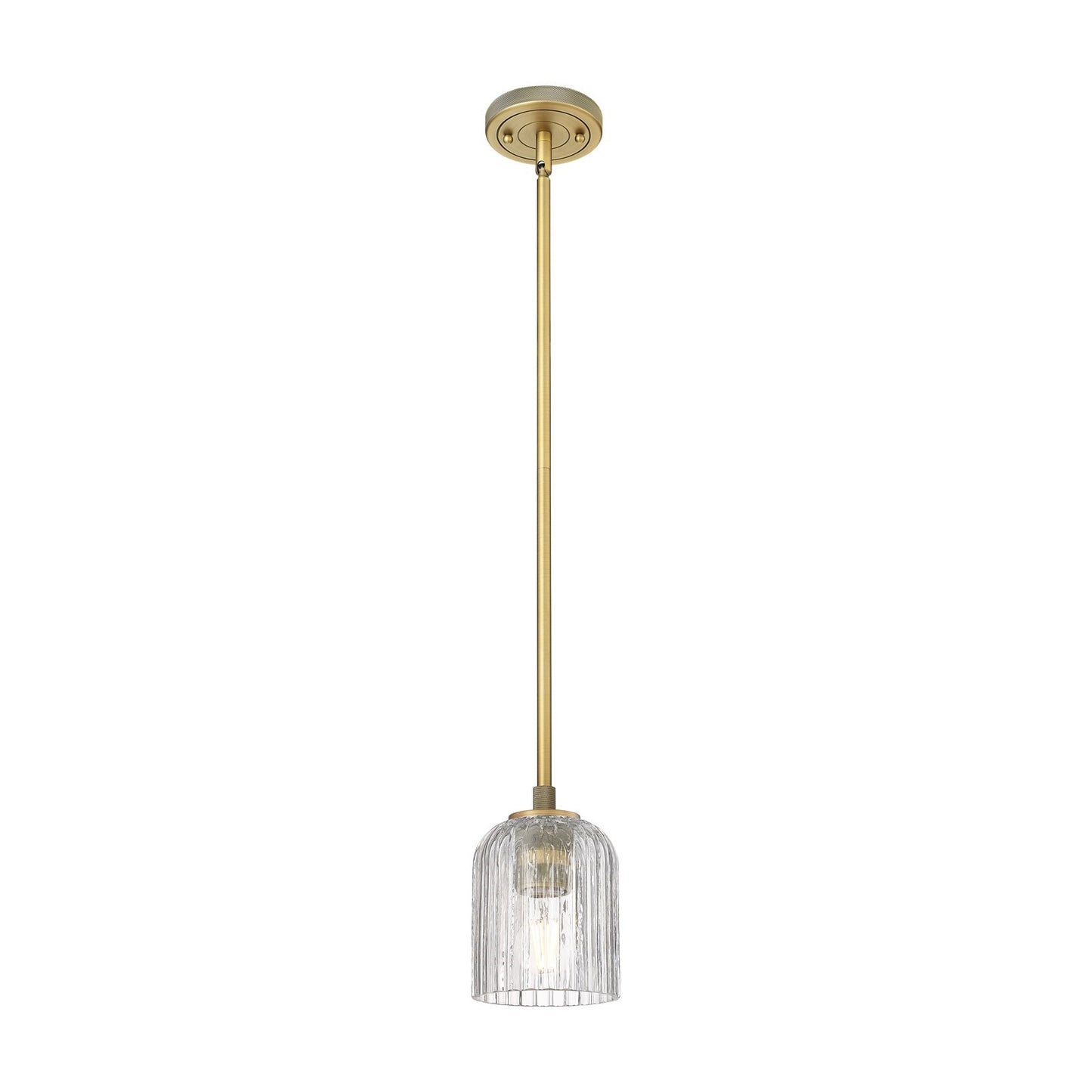 Innovations Crown Point 5in 1-Light Pendant | Industrial Brushed Brass and Clear Glass | Kitchen Island & Dining Room | Model 434-1S-BB-G559-5CL