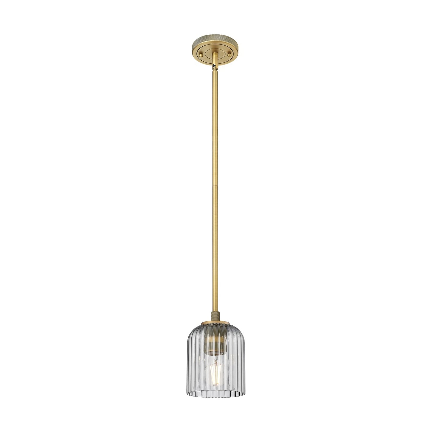 Innovations Crown Point 5in 1-Light Pendant | Industrial Brushed Brass and Light Smoke Ribbed Glass | Kitchen Island | Model 434-1S-BB-G559-5SM