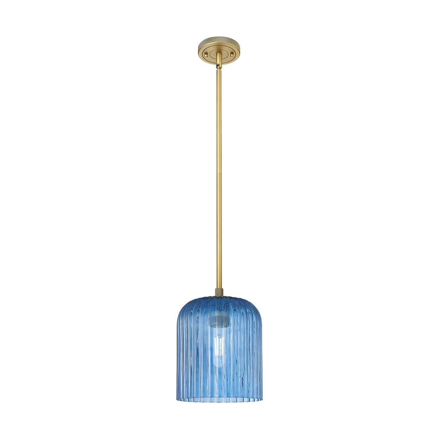 Innovations Crown Point 8in 1-Light Pendant | Industrial Brushed Brass and Princess Blue Ribbed Glass | Kitchen Island | Model 434-1S-BB-G559-8BL