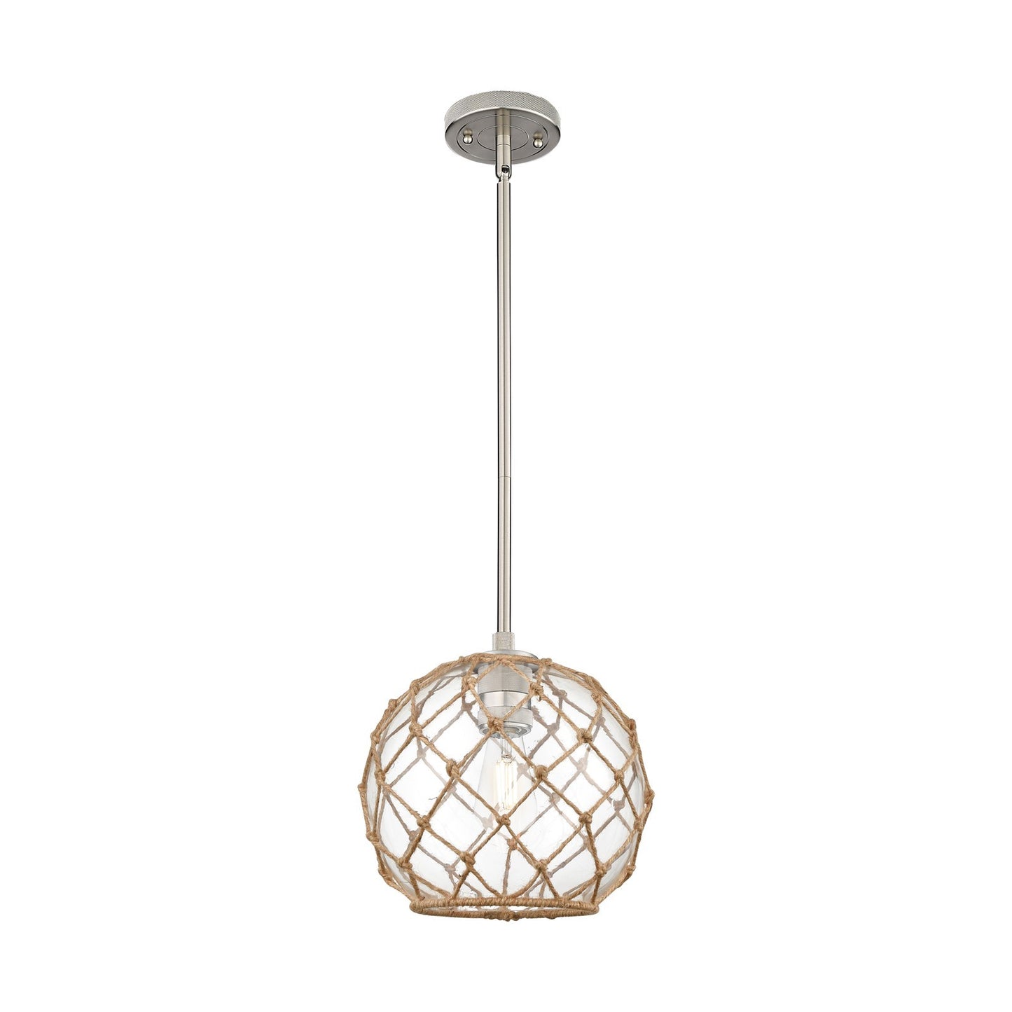 Innovations Farmhouse Rope 10in 1-Light Pendant | Industrial Satin Nickel and Clear Glass Brown Rope | Kitchen Island | Model 434-1S-SN-G122-10RB