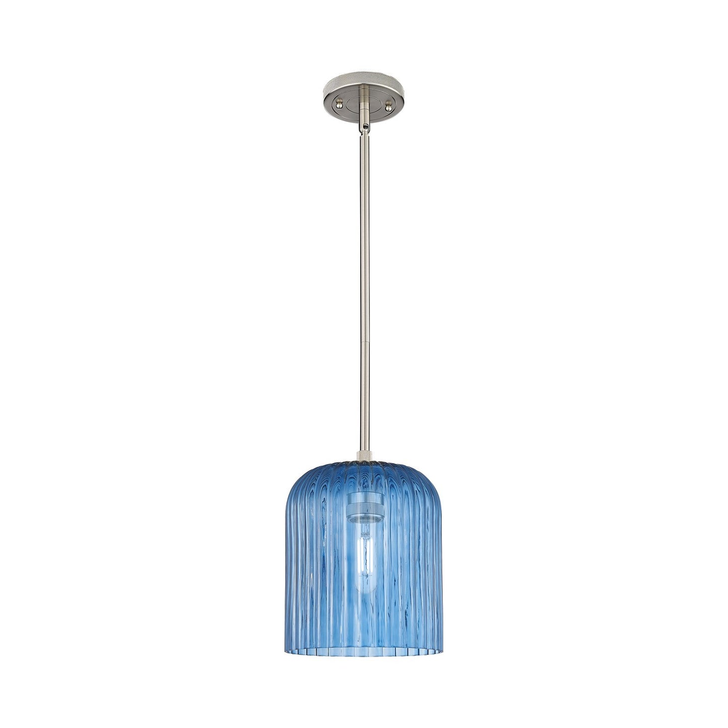 Innovations Crown Point 8in 1-Light Pendant | Industrial Satin Nickel and Princess Blue Ribbed Glass | Kitchen Island | Model 434-1S-SN-G559-8BL