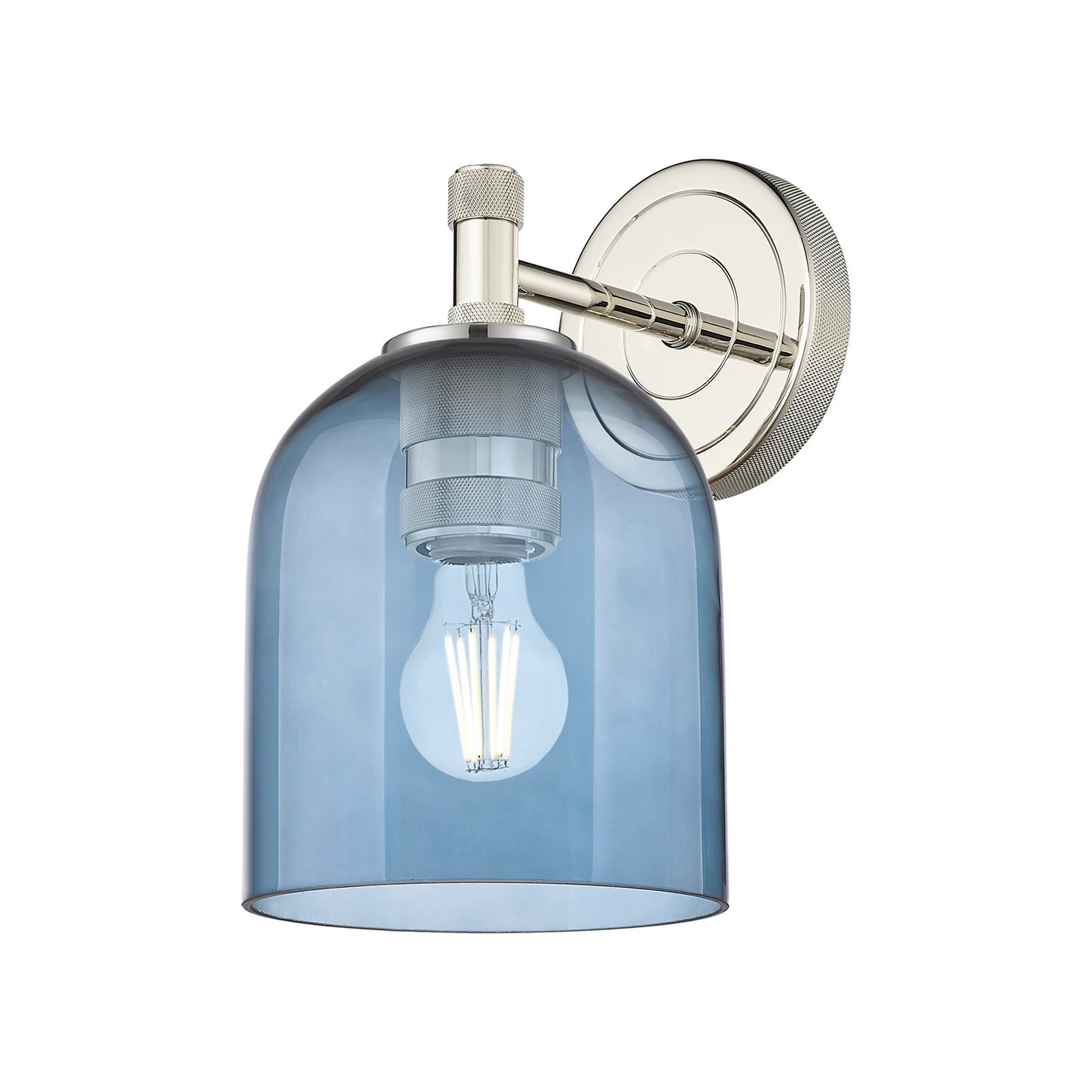 Innovations Bella 5.5in 1-Light Wall Sconce | Industrial Polished Nickel and Blue Glass | Bathroom & Hallway | Model 434-1W-PN-G558-6BL