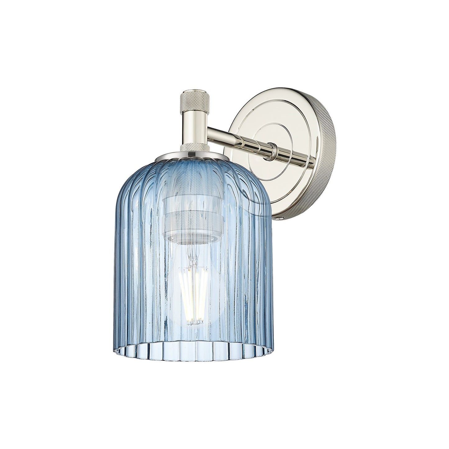 Innovations Crown Point 5in 1-Light Wall Sconce | Industrial Polished Nickel and Princess Blue Glass | Bathroom & Hallway | Model 434-1W-PN-G559-5BL