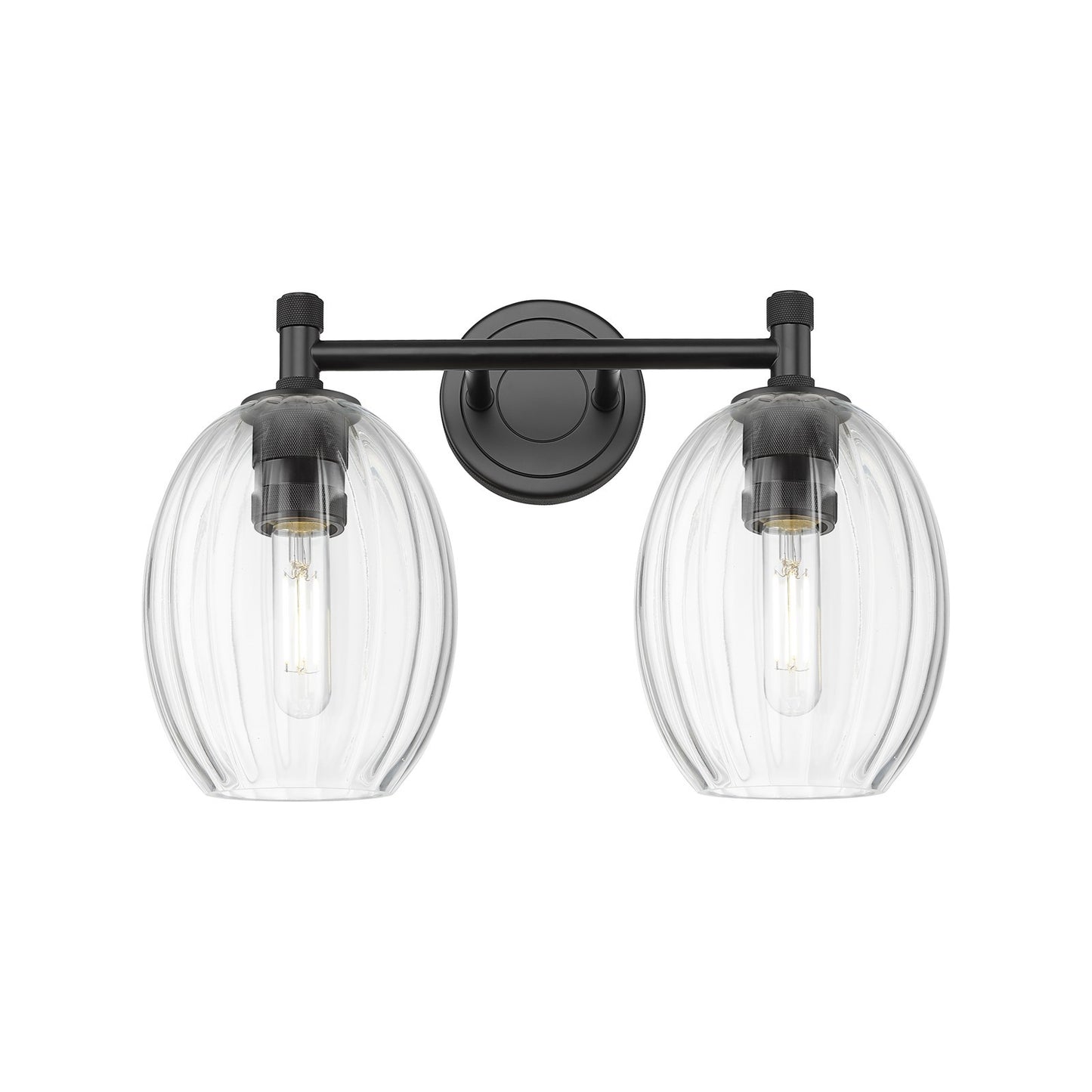 Innovations Preston Bulb 14in 2-Light Bath Vanity | Industrial Matte Black and Clear Glass | Bathroom & Powder Room | Model 434-2W-BK-G459-6CL