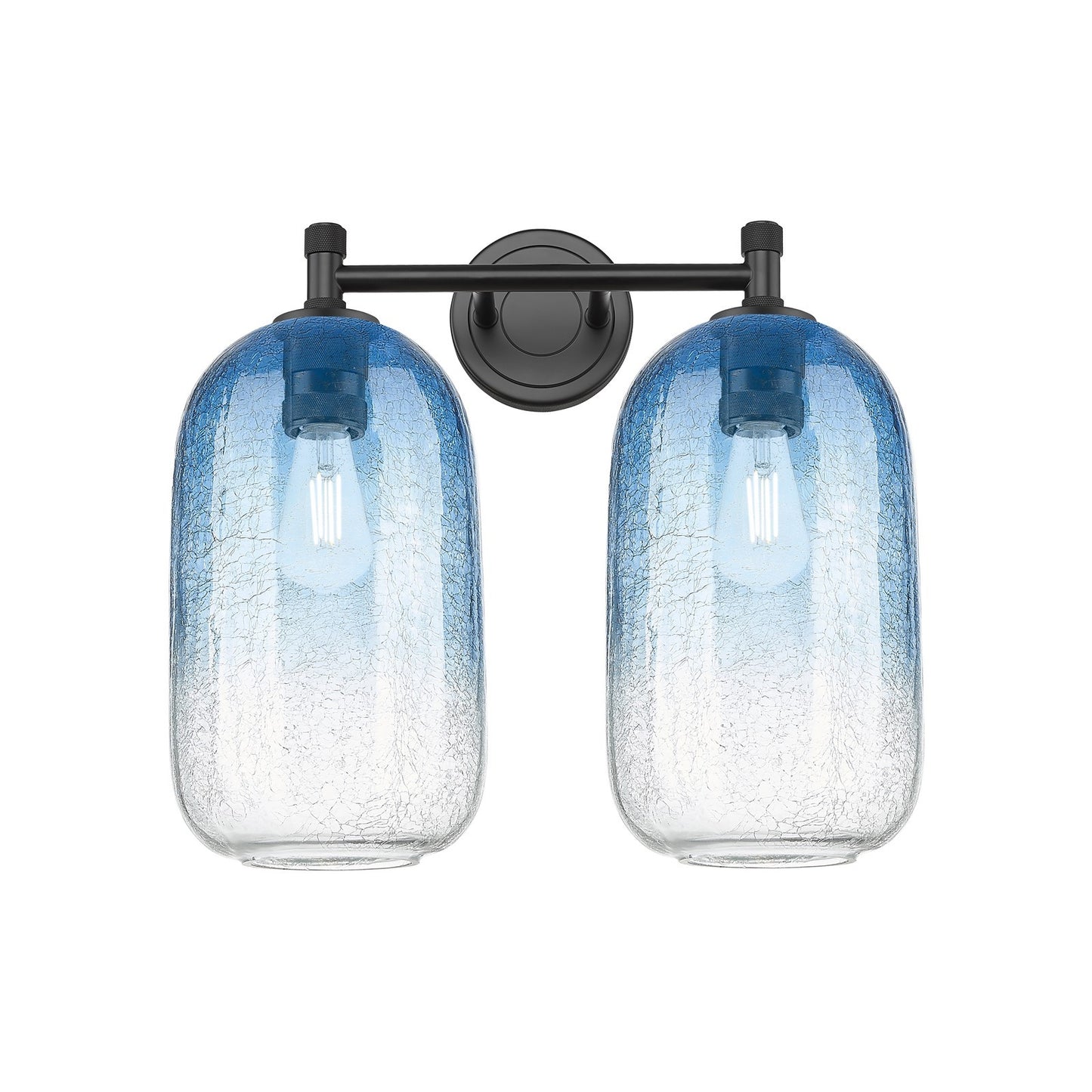 Innovations Brookhaven Cloche 15in 2-Light Bath Vanity | Industrial Matte Black and Sapphire Blue Glass | Bathroom | Model 434-2W-BK-G482-7SB