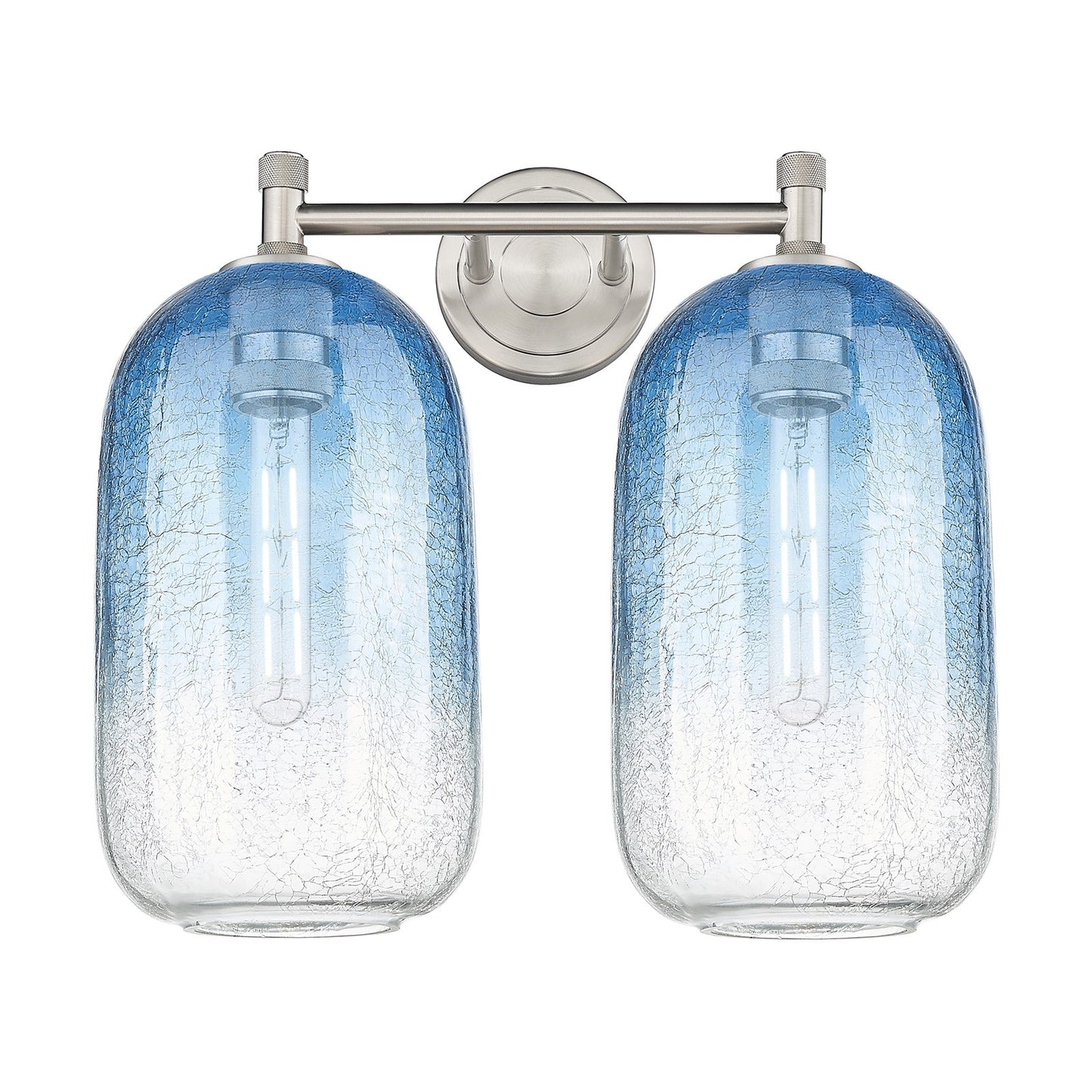 Innovations Brookhaven Cloche 15in 2-Light Bath Vanity Light | Industrial Satin Nickel and Sapphire Blue Globe Glass | Model 434-2W-SN-G482-7SB