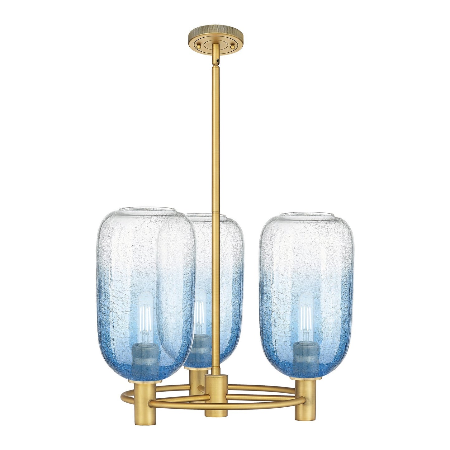 Innovations Brookhaven Cloche 21in 3-Light Pendant | Industrial Brushed Brass and Sapphire Blue Glass | Kitchen Island | Model 434-3CR-BB-G482-7SB