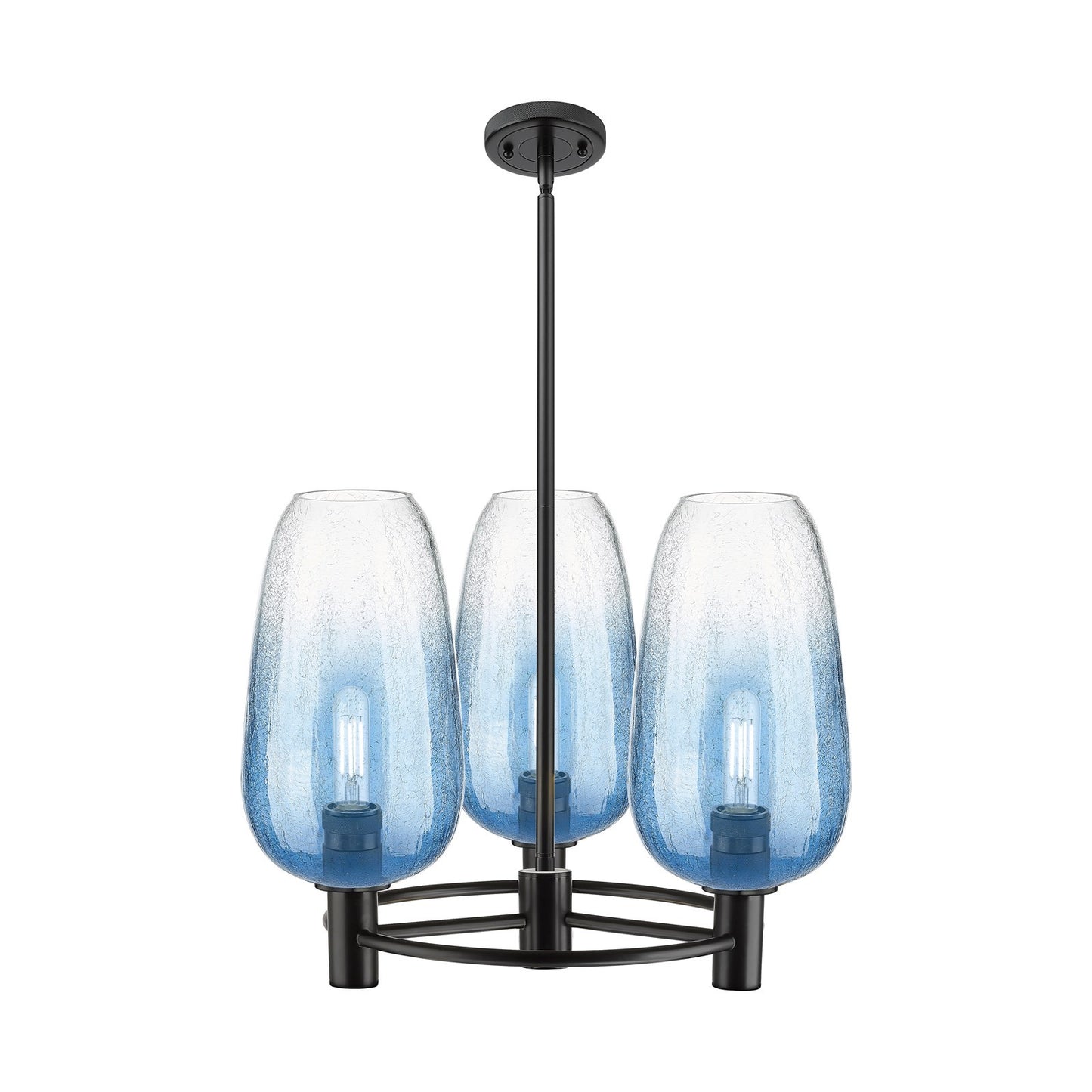 Innovations Brookhaven Flute 21in 3-Light Pendant | Industrial Matte Black and Sapphire Blue Glass | Kitchen Island | Model 434-3CR-BK-G484-7SB