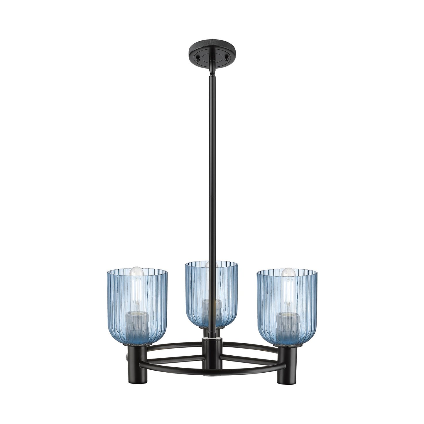 Innovations Crown Point 19in 3-Light Pendant | Industrial Matte Black and Princess Blue Glass | Kitchen Island & Dining | Model 434-3CR-BK-G559-5BL