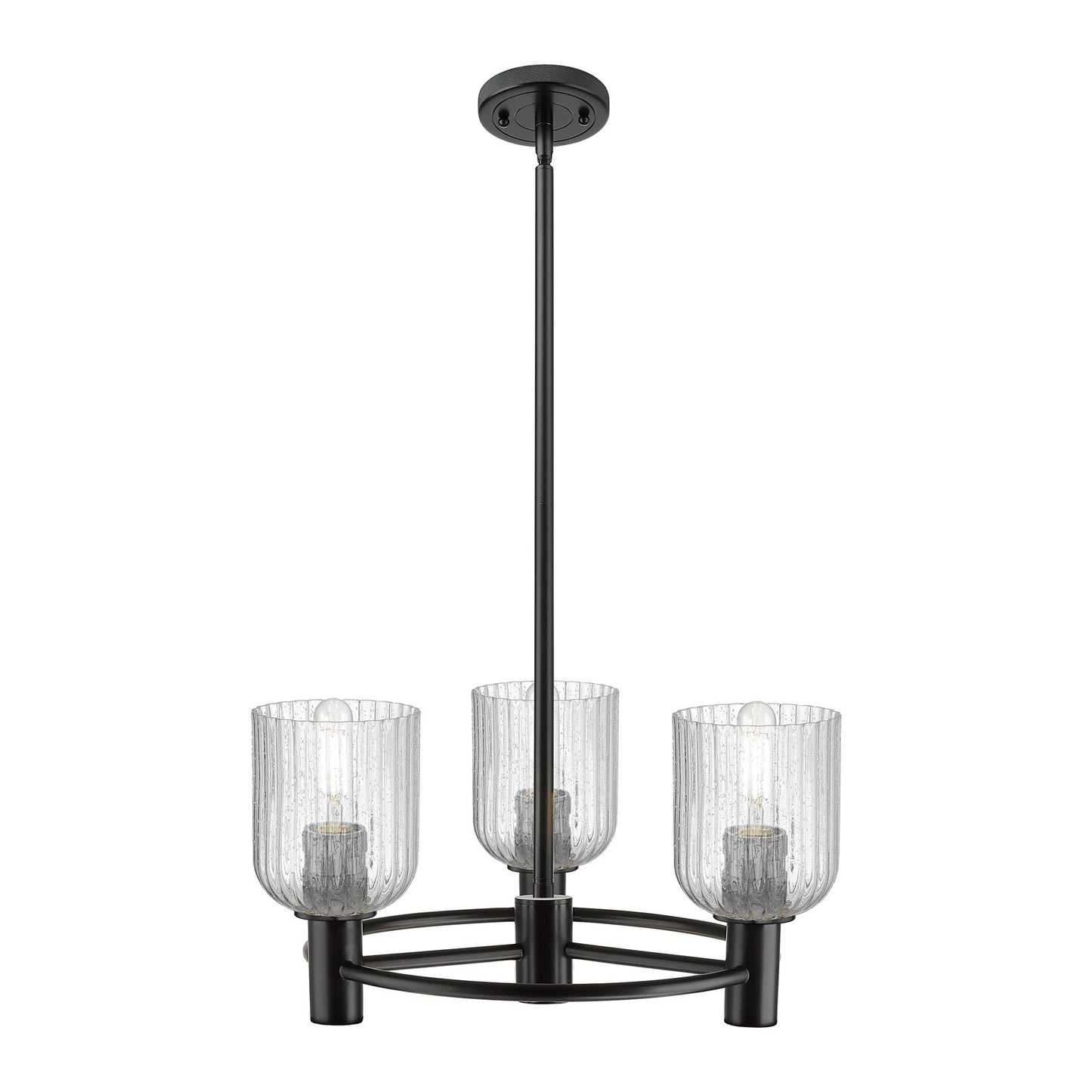 Innovations Crown Point 19in 3-Light Pendant | Industrial Matte Black and Seedy Glass | Kitchen Island & Dining Room | Model 434-3CR-BK-G559-5SDY