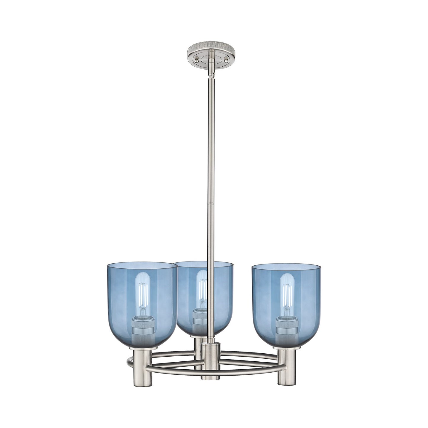 Innovations Bella 19in 3-Light Pendant | Industrial Satin Nickel and Blue Glass | Kitchen Island & Dining Room | Model 434-3CR-SN-G558-6BL