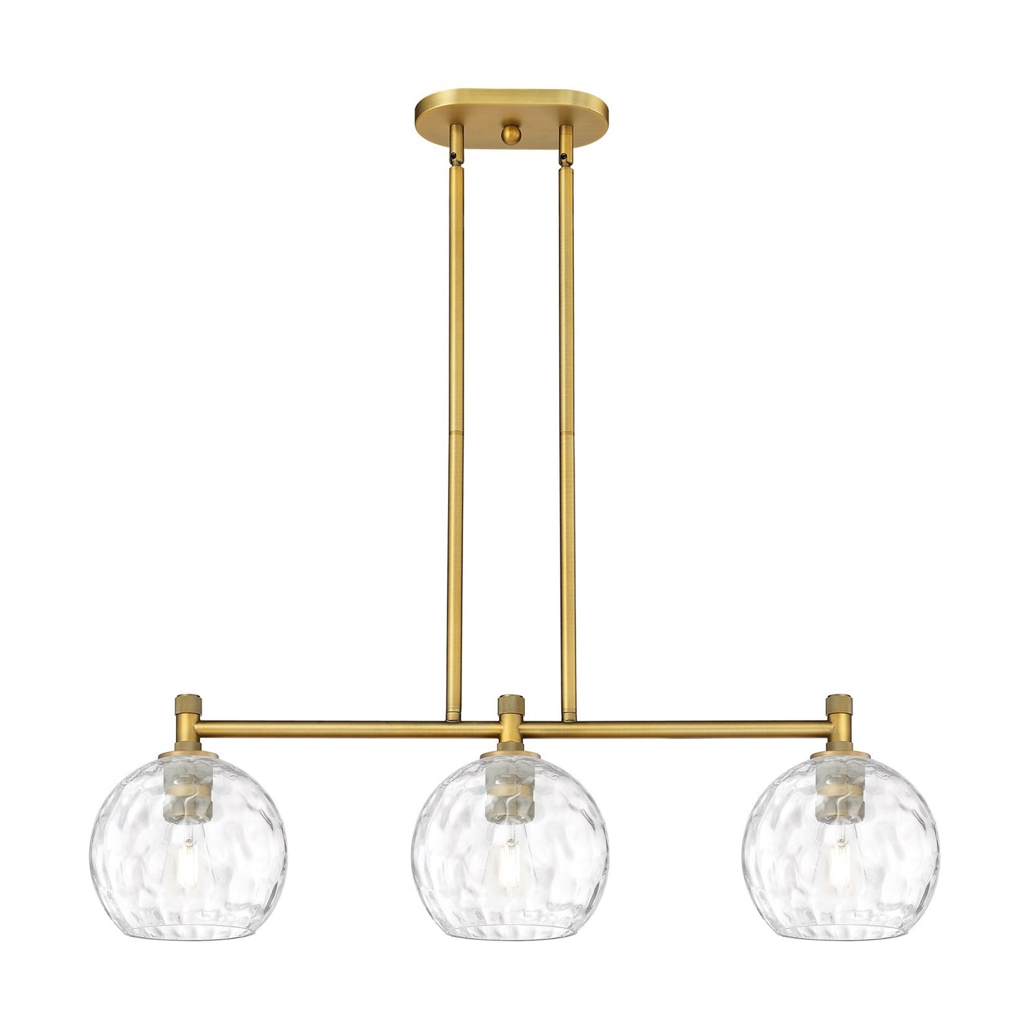 Innovations Athens Water Glass 35in 3-Light Island Light | Industrial Brushed Brass and Clear Glass | Kitchen Island | Model 434-3I-BB-G1215-8