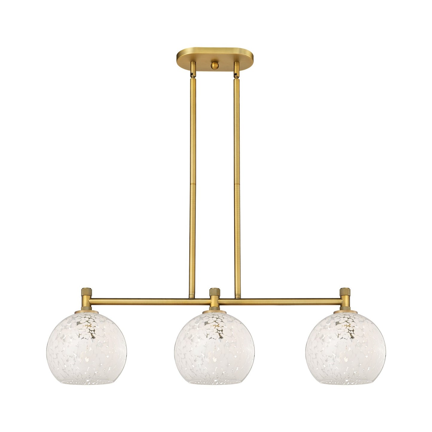 Innovations White Mouchette 35in 3-Light Island Light | Industrial Brushed Brass and White Mouchette Glass | Kitchen | Model 434-3I-BB-G1216-8WM