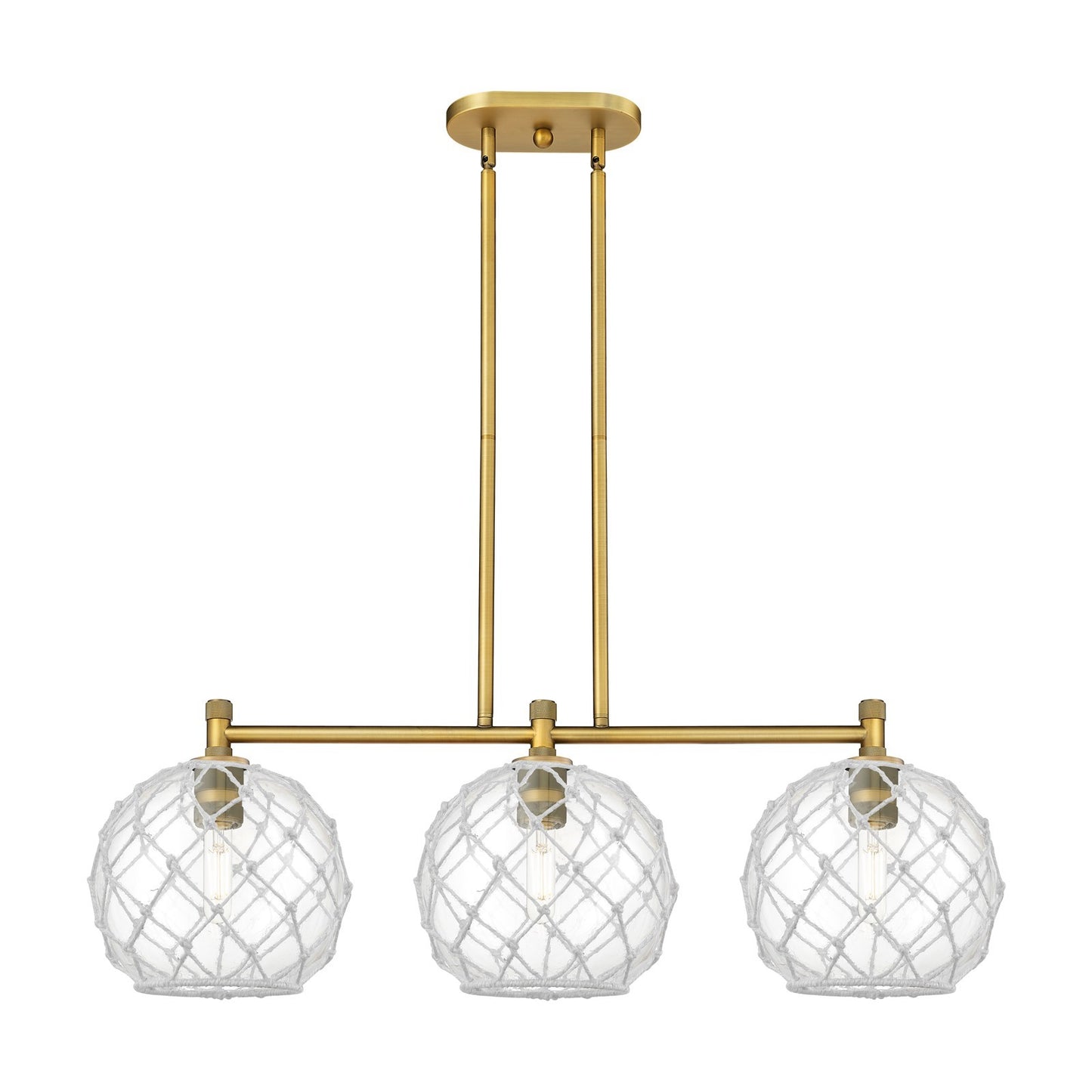Innovations Farmhouse Rope 37in 3-Light Island Light | Industrial Brushed Brass and Clear Glass White Rope | Kitchen | Model 434-3I-BB-G122-10RW