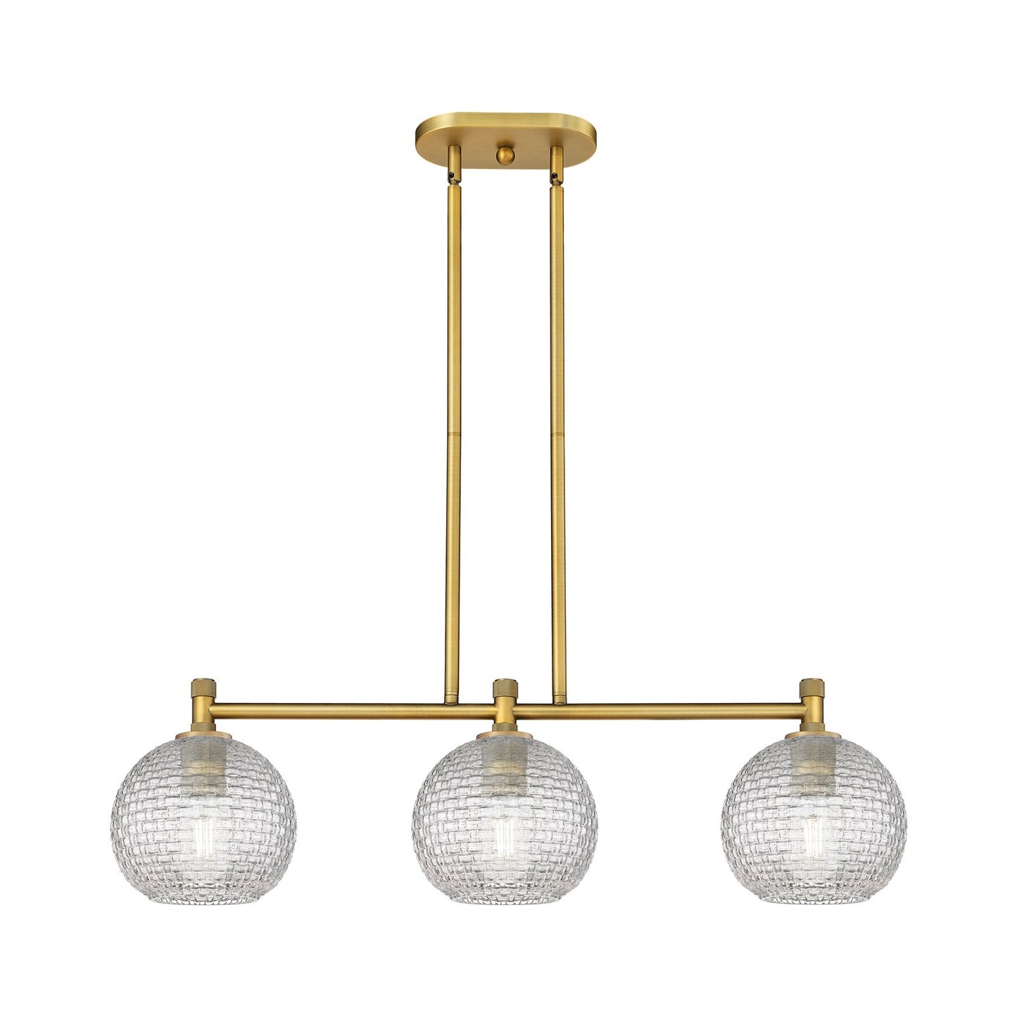Innovations Athens 35in 3-Light Island Light | Industrial Brushed Brass and Clear Basket Weave Glass | Kitchen Island | Model 434-3I-BB-G122C-8CL