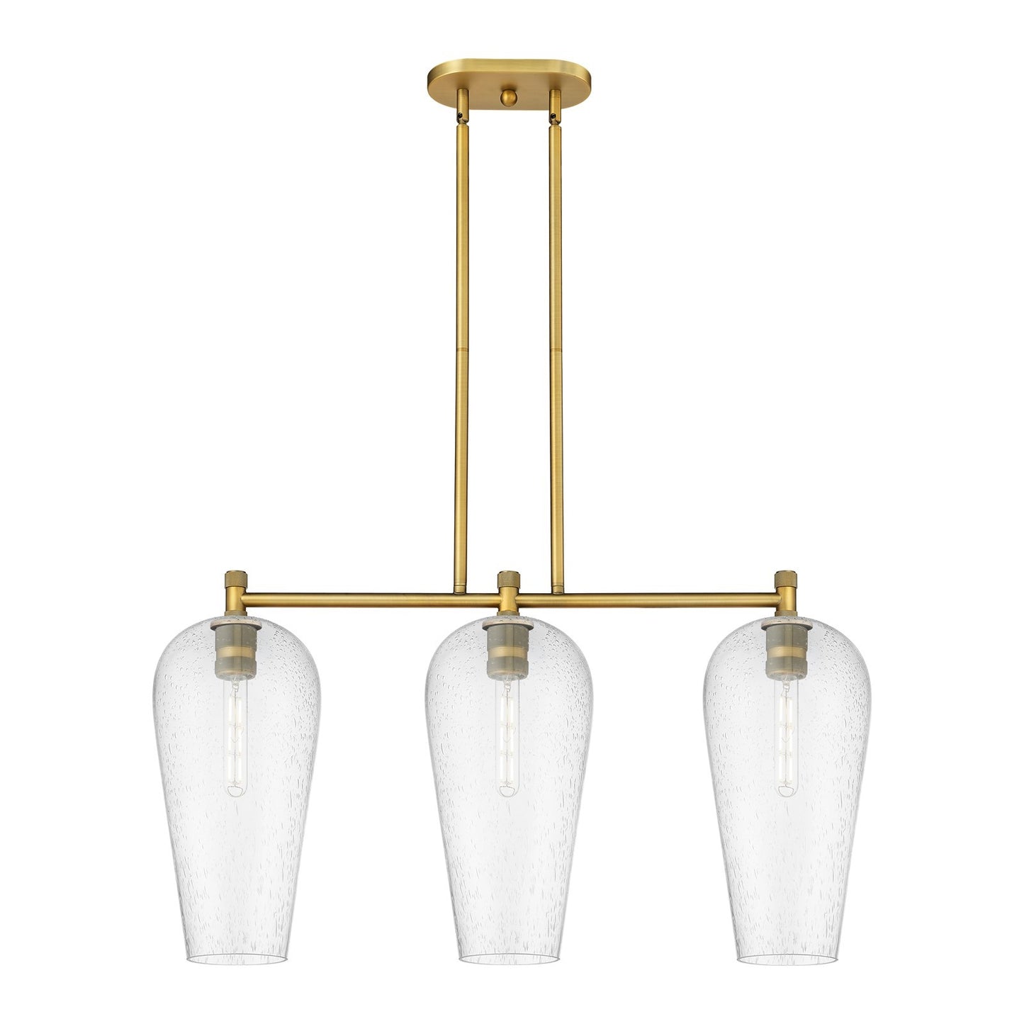 Innovations Chelsea 35in 3-Light Island | Industrial Brushed Brass and Seedy Glass | Kitchen Island & Dining Room | Model 434-3I-BB-G456-8SDY