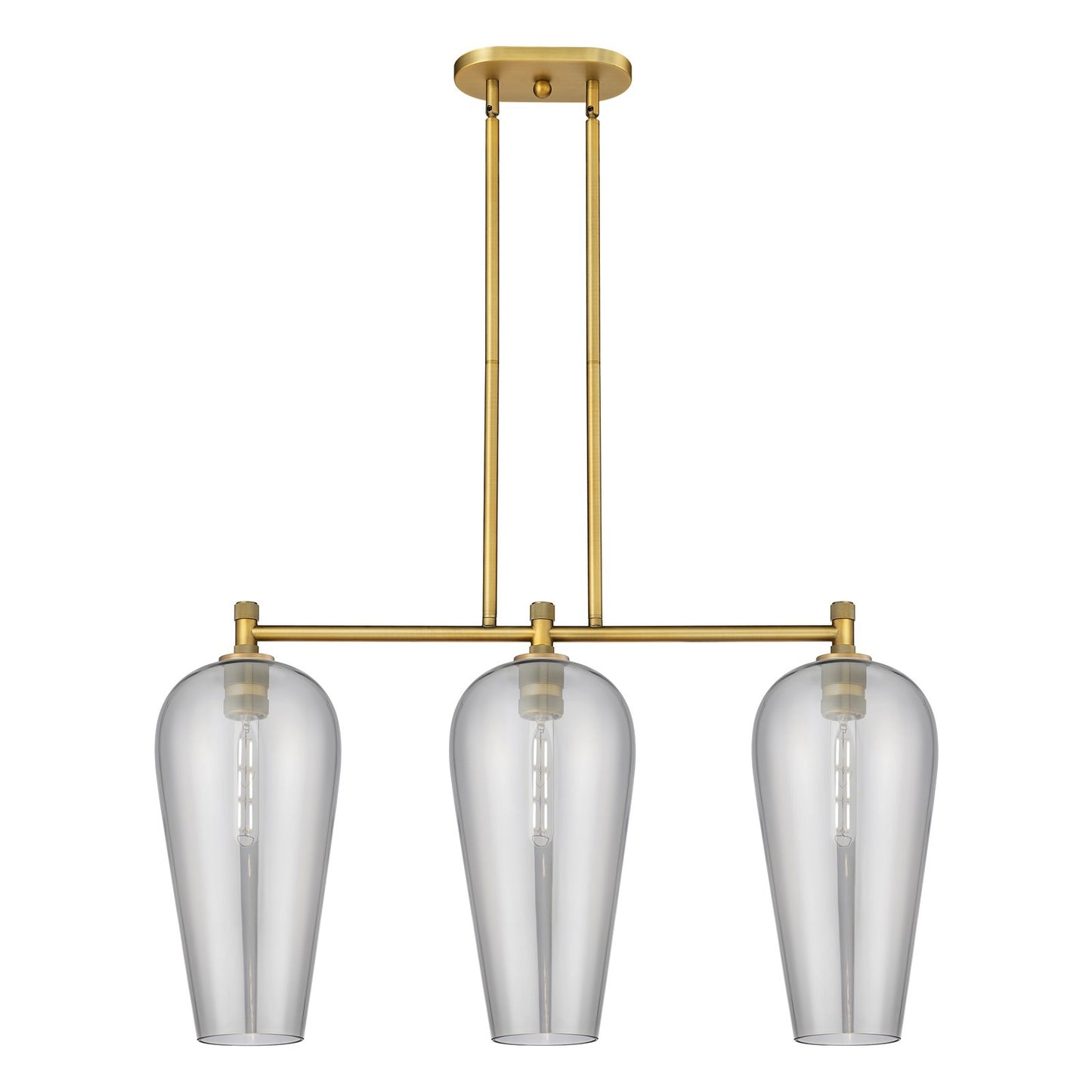 Innovations Chelsea 35in 3-Light Island | Industrial Brushed Brass and Light Smoke Glass | Kitchen Island & Dining Room | Model 434-3I-BB-G456-8SM