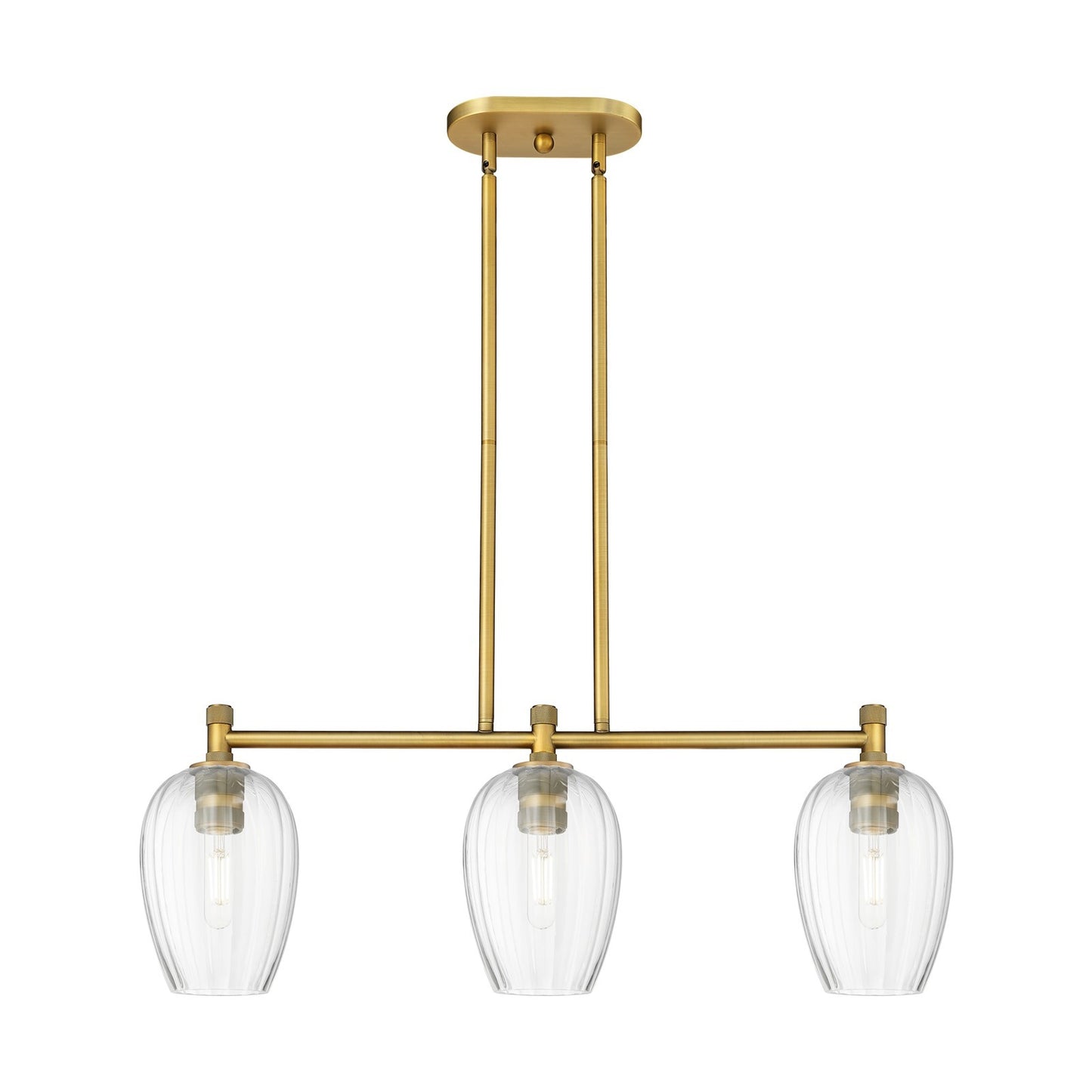 Innovations Preston Flute 33in 3-Light Island | Industrial Brushed Brass and Clear Glass | Kitchen Island & Dining Room | Model 434-3I-BB-G457-6CL