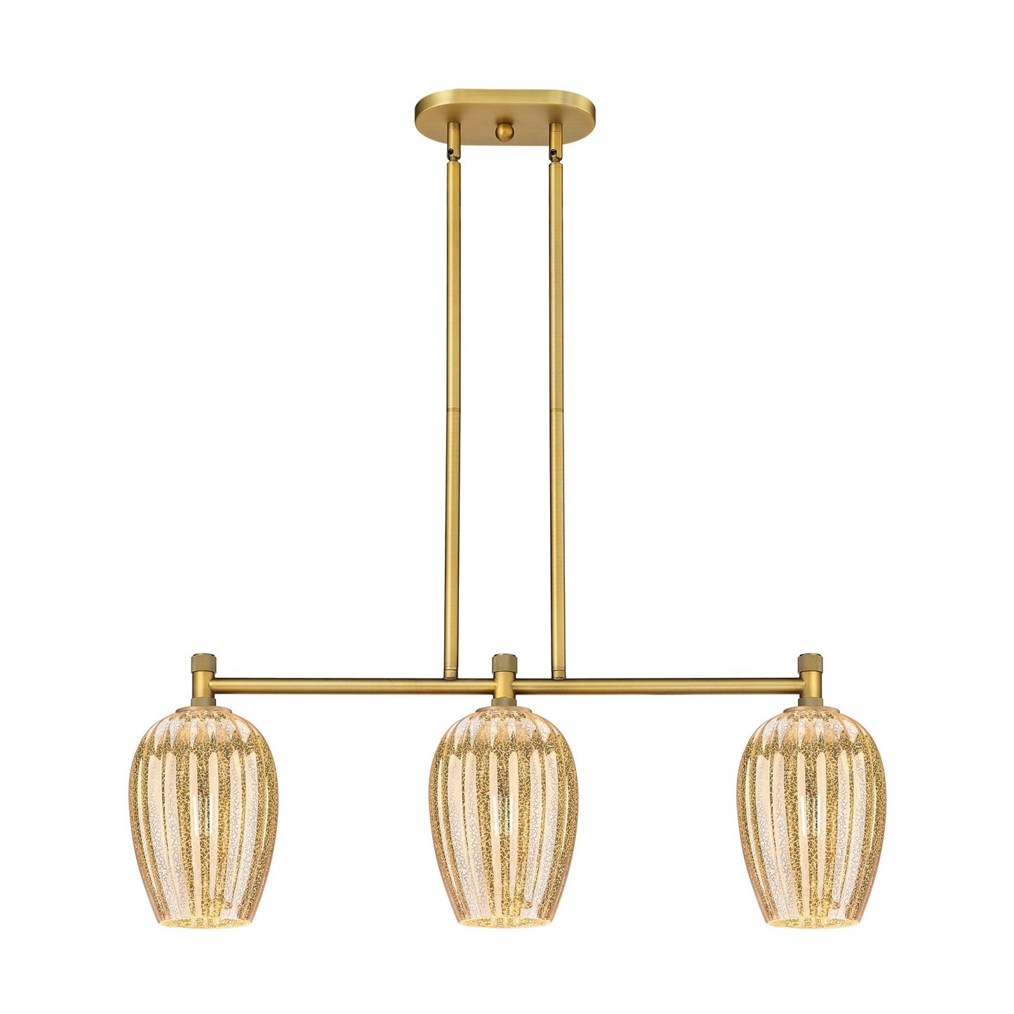 Innovations Preston Flute 33in 3-Light Island | Industrial Brushed Brass and Mercury Glass | Kitchen Island & Dining Room | Model 434-3I-BB-G457-6ME