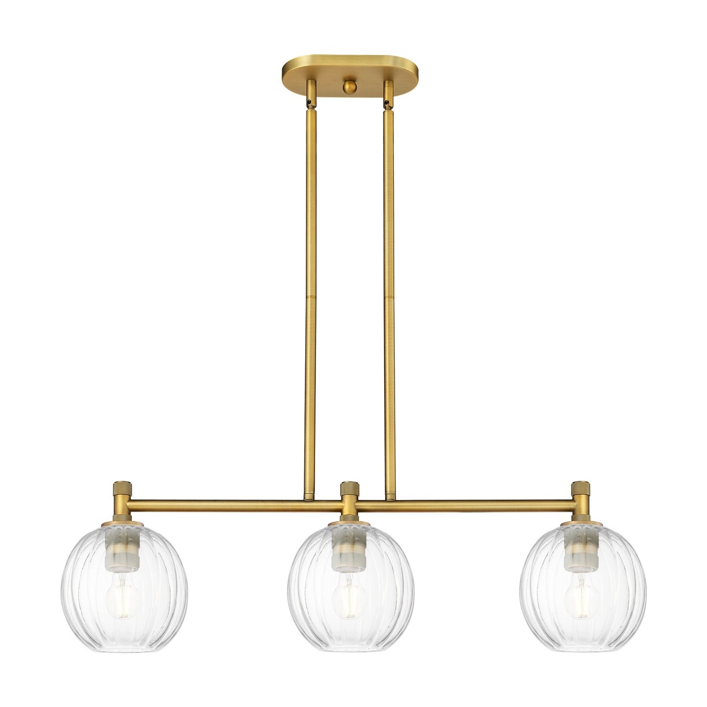 Innovations Preston Globe 34in 3-Light Island | Industrial Brushed Brass and Clear Glass | Kitchen Island & Dining Room | Model 434-3I-BB-G458-7CL