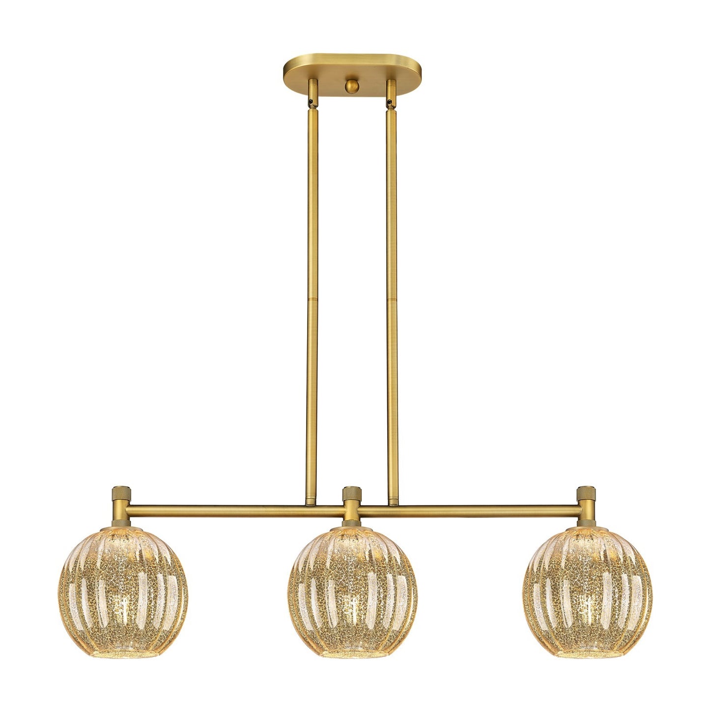 Innovations Preston Globe 34in 3-Light Island | Industrial Brushed Brass and Mercury Glass | Kitchen Island & Dining Room | Model 434-3I-BB-G458-7ME
