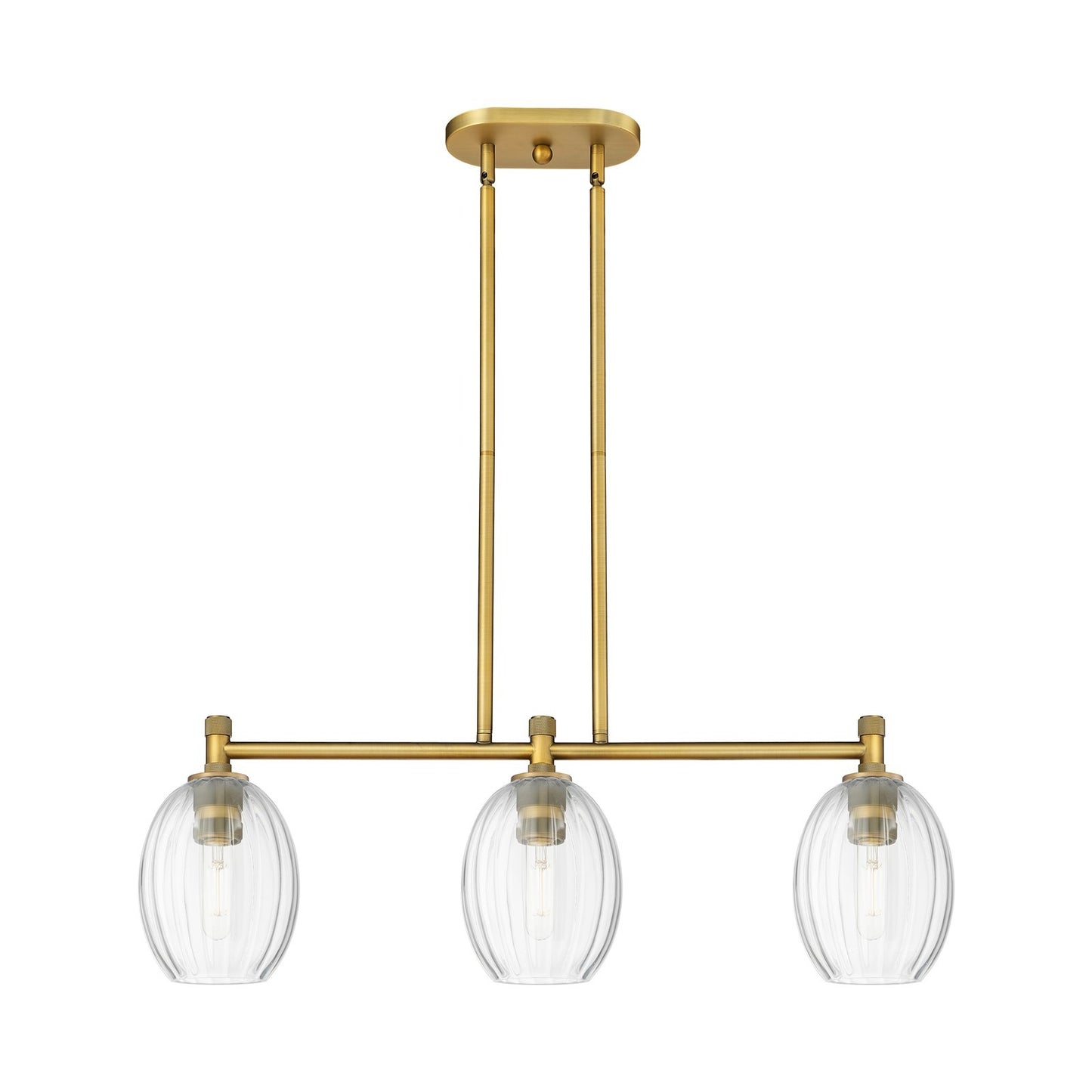 Innovations Preston Bulb 33in 3-Light Island | Industrial Brushed Brass and Clear Glass | Kitchen Island & Dining Room | Model 434-3I-BB-G459-6CL