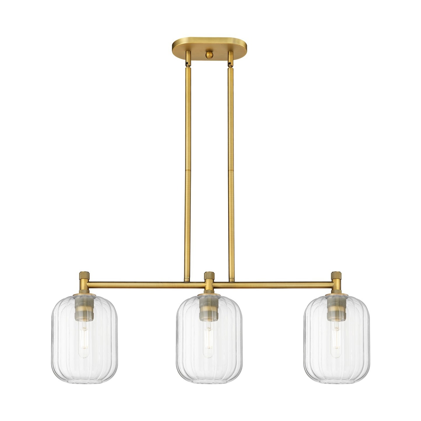 Innovations Preston Cylinder 34in 3-Light Island | Industrial Brushed Brass and Clear Glass | Kitchen Island & Dining Room | Model 434-3I-BB-G460-7CL