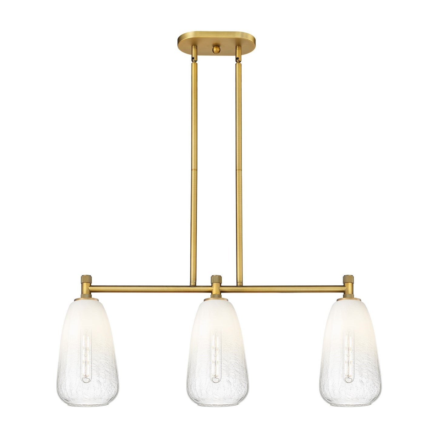 Innovations Brookhaven Almond 33in 3-Light Island | Industrial Brushed Brass and Opal Glass | Kitchen Island & Dining Room | Model 434-3I-BB-G480-6OP
