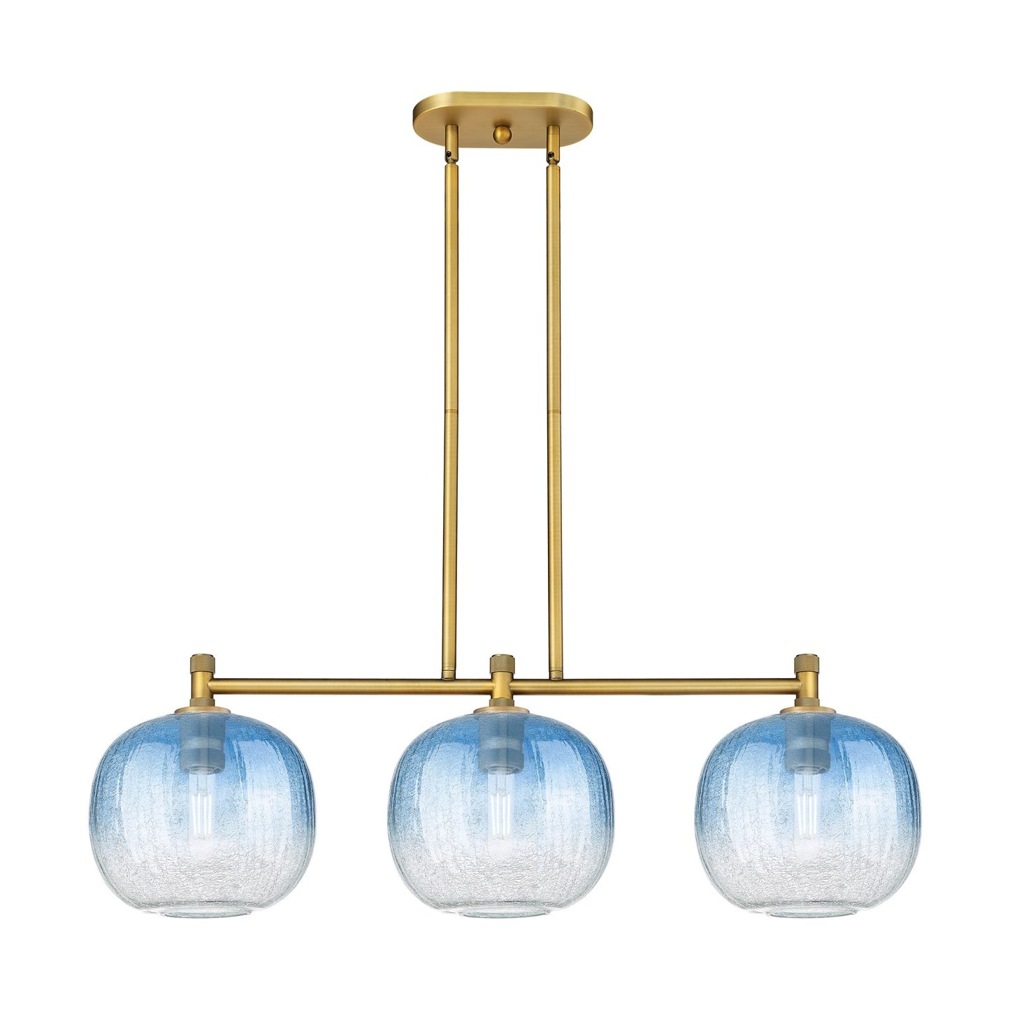 Innovations Brookhaven Sphere 37in 3-Light Island Light | Industrial Brushed Brass and Sapphire Blue Glass | Kitchen | Model 434-3I-BB-G481-10SB