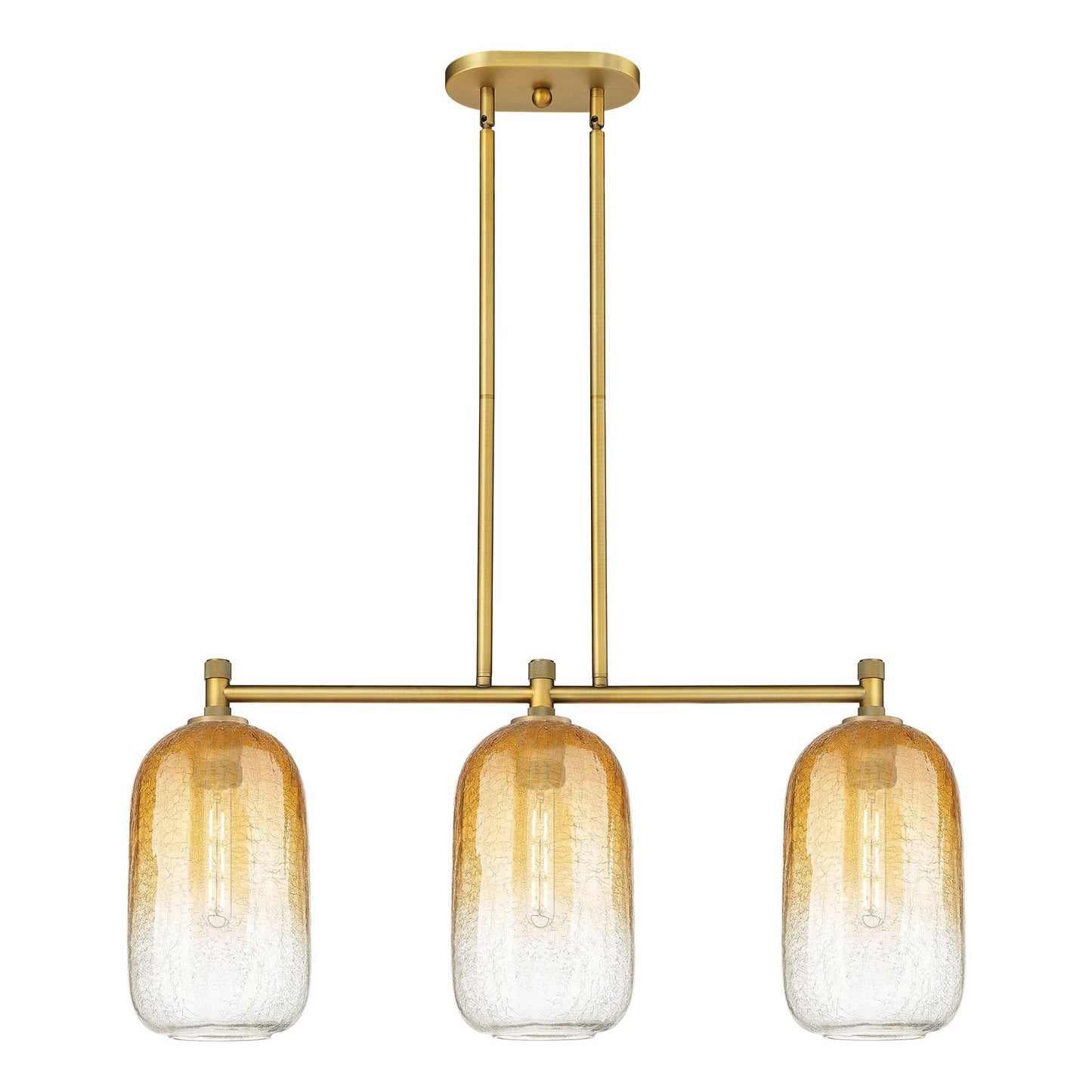 Innovations Brookhaven Cloche 34in 3-Light Island Light | Industrial Brushed Brass and Amber Glass | Kitchen Island | Model 434-3I-BB-G482-7AM