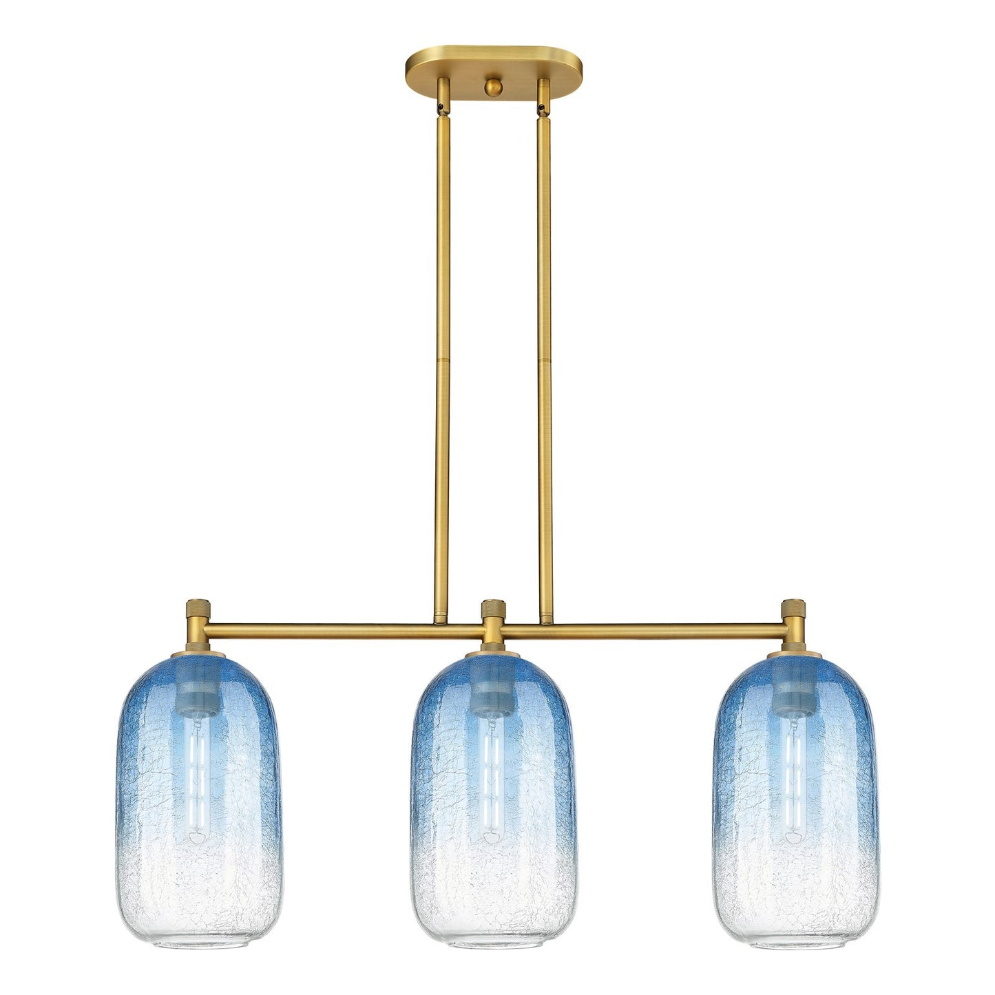 Innovations Brookhaven Cloche 34in 3-Light Island Light | Industrial Brushed Brass and Sapphire Blue Glass | Kitchen | Model 434-3I-BB-G482-7SB