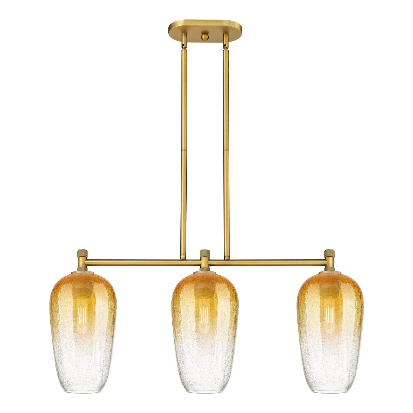 Innovations Brookhaven Flute 34in 3-Light Island Light | Industrial Brushed Brass and Amber Glass | Kitchen Island | Model 434-3I-BB-G484-7AM