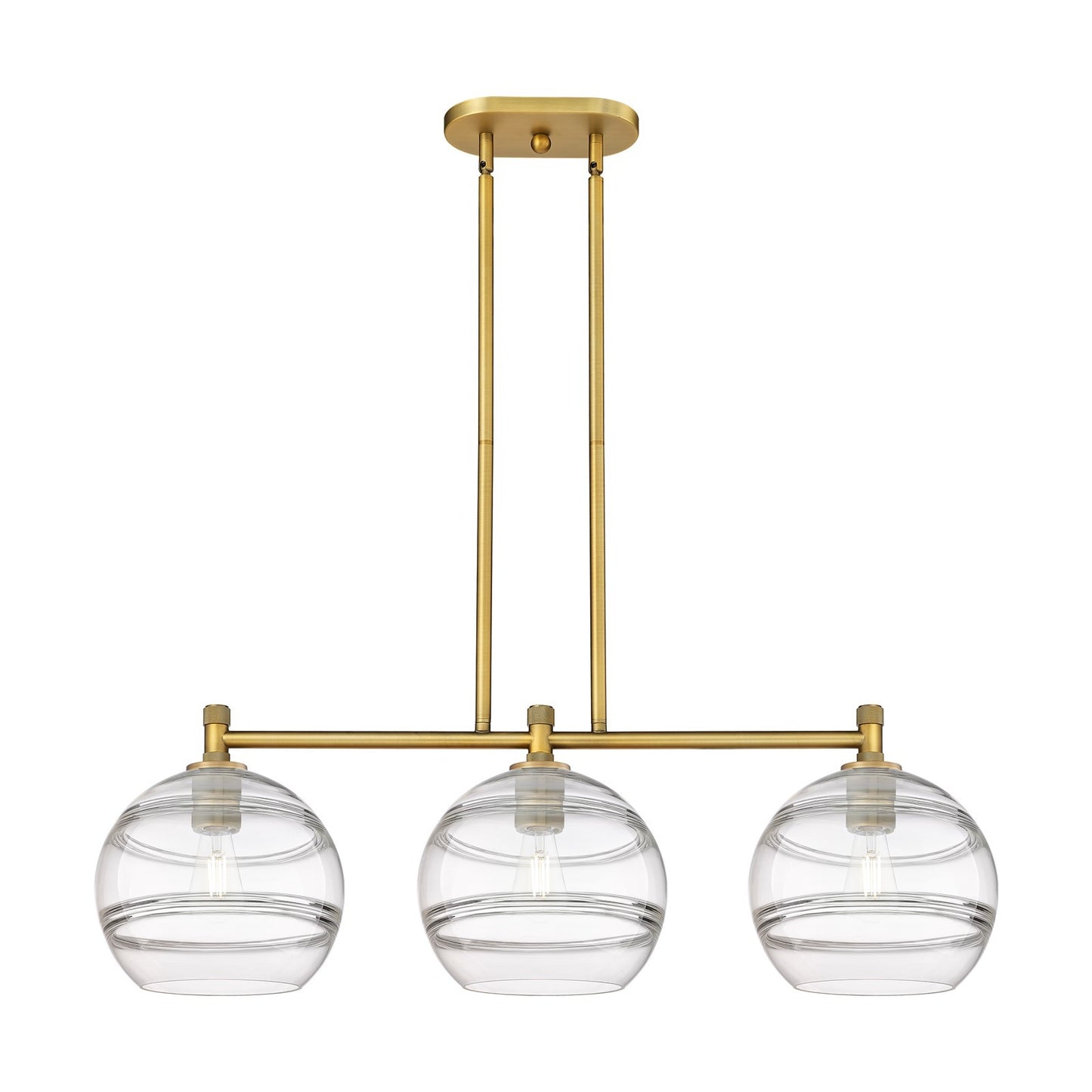 Innovations Rochester 37in 3-Light Island Light | Industrial Brushed Brass and Clear Glass | Kitchen Island & Dining Room | Model 434-3I-BB-G556-10CL