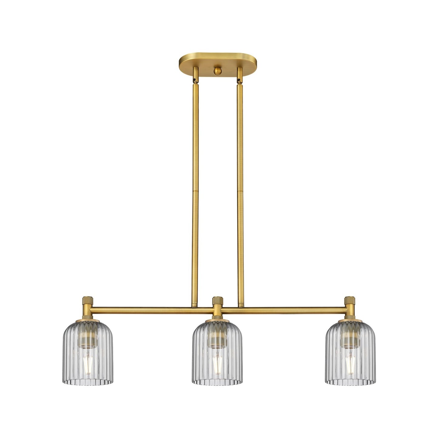 Innovations Crown Point 32in 3-Light Island | Industrial Brushed Brass and Light Smoke Glass | Kitchen Island & Dining | Model 434-3I-BB-G559-5SM