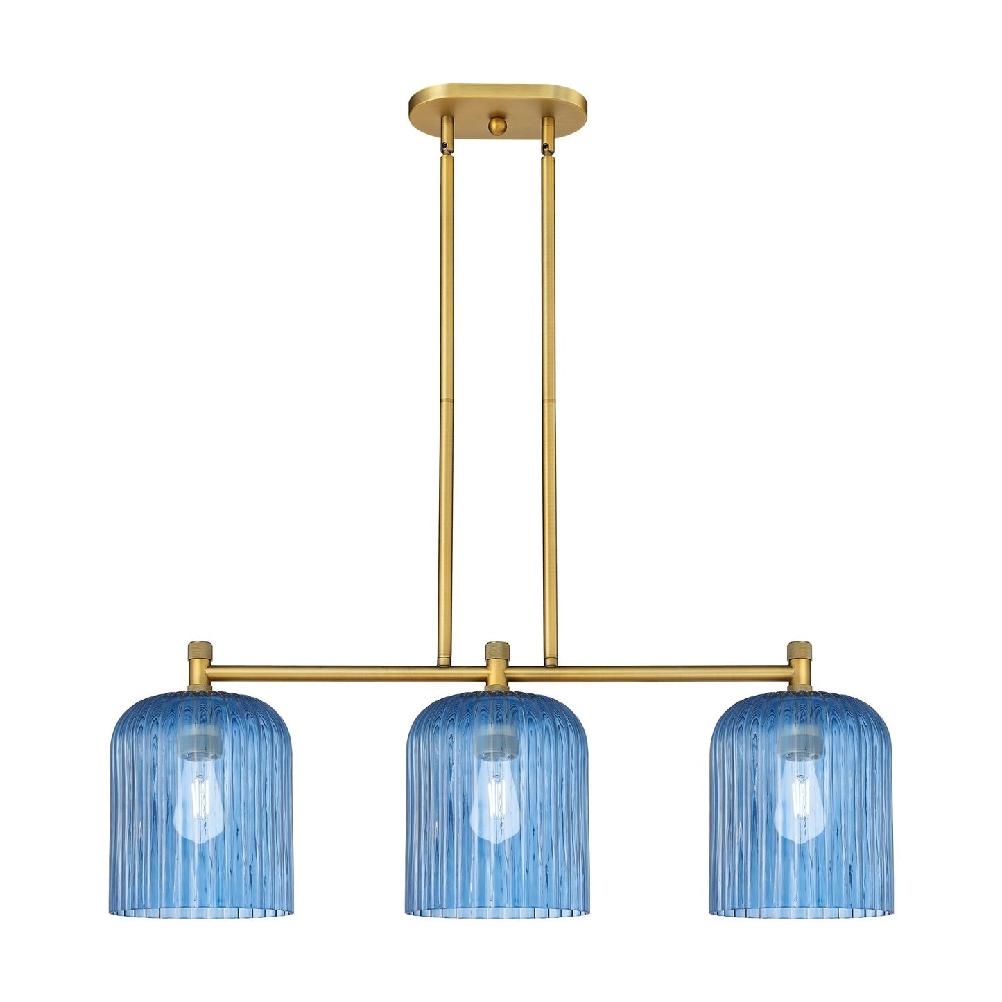Innovations Crown Point 35in 3-Light Island Light | Industrial Brushed Brass and Princess Blue Glass | Kitchen Island | Model 434-3I-BB-G559-8BL
