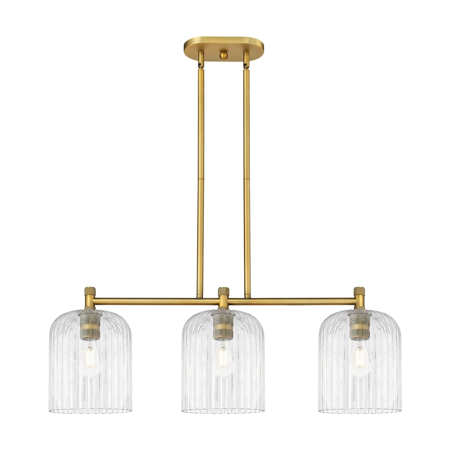 Innovations Crown Point 35in 3-Light Island Light | Industrial Brushed Brass and Clear Glass | Kitchen Island & Dining | Model 434-3I-BB-G559-8CL