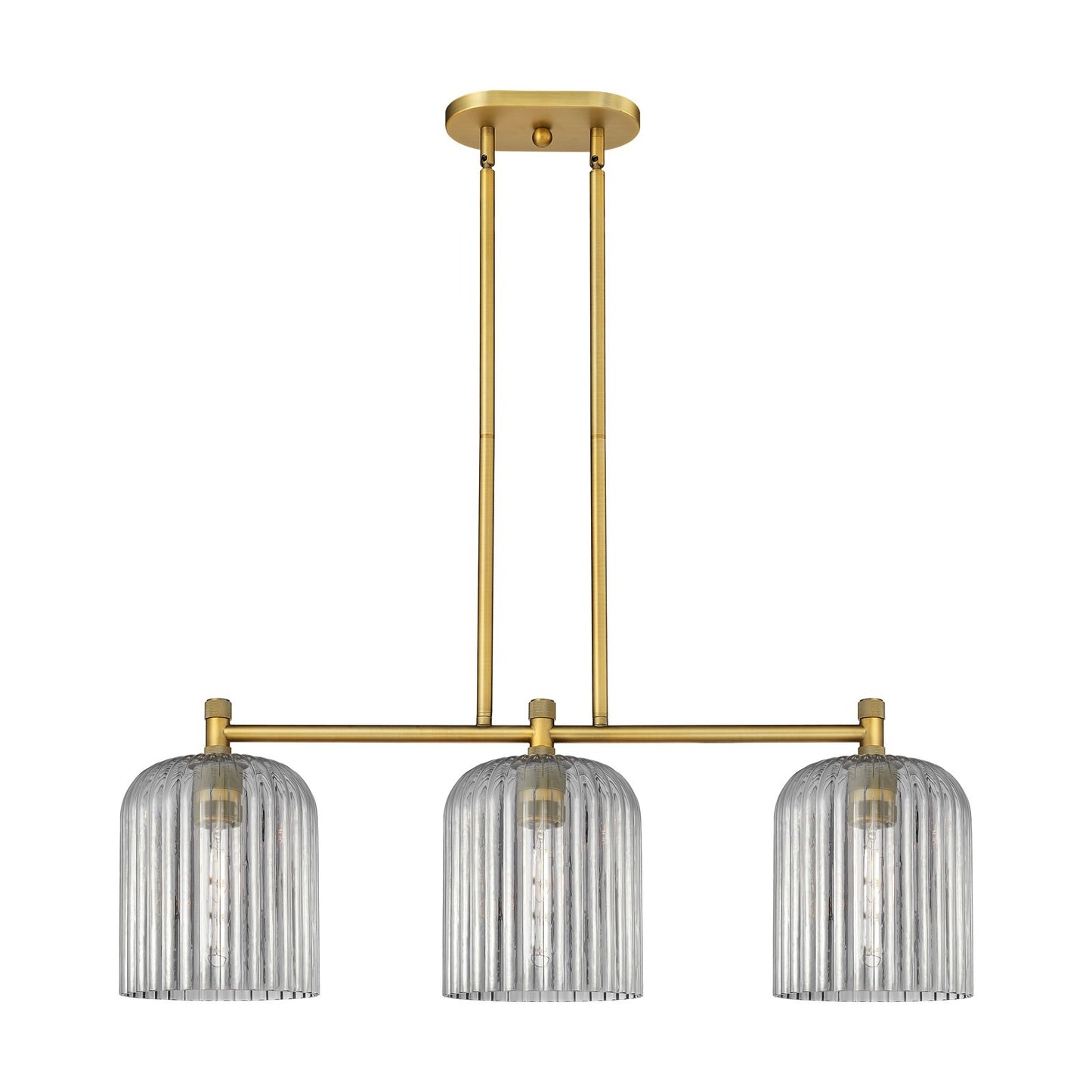 Innovations Crown Point 35in 3-Light Island Light | Industrial Brushed Brass and Light Smoke Glass | Kitchen Island | Model 434-3I-BB-G559-8SM