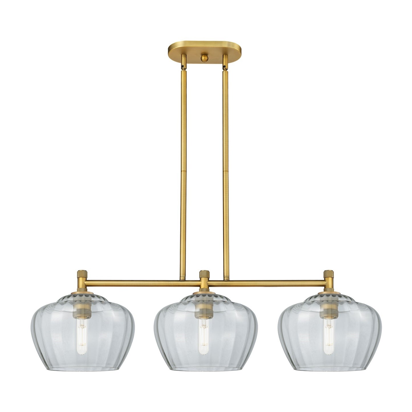 Innovations Fenton 38in 3-Light Island Light | Industrial Brushed Brass and Clear Glass | Kitchen Island & Dining Room | Model 434-3I-BB-G92-L