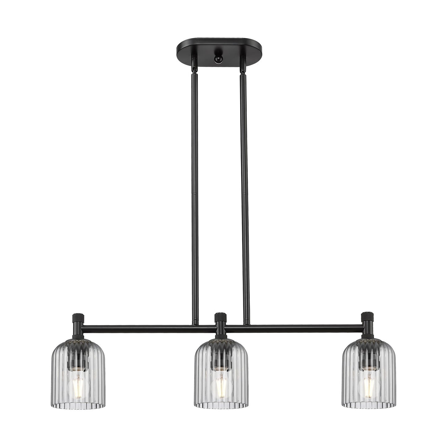 Innovations Crown Point 32in 3-Light Island Light | Industrial Matte Black and Light Smoke Glass | Kitchen Island & Dining | Model 434-3I-BK-G559-5SM