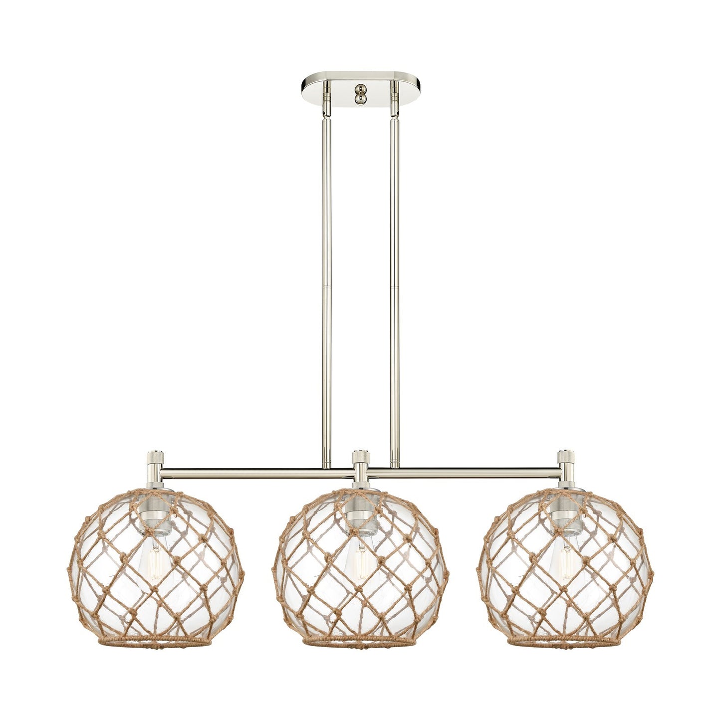 Innovations Farmhouse Rope 37in 3-Light Island Light | Industrial Polished Nickel and Clear Glass Brown Rope | Kitchen | Model 434-3I-PN-G122-10RB