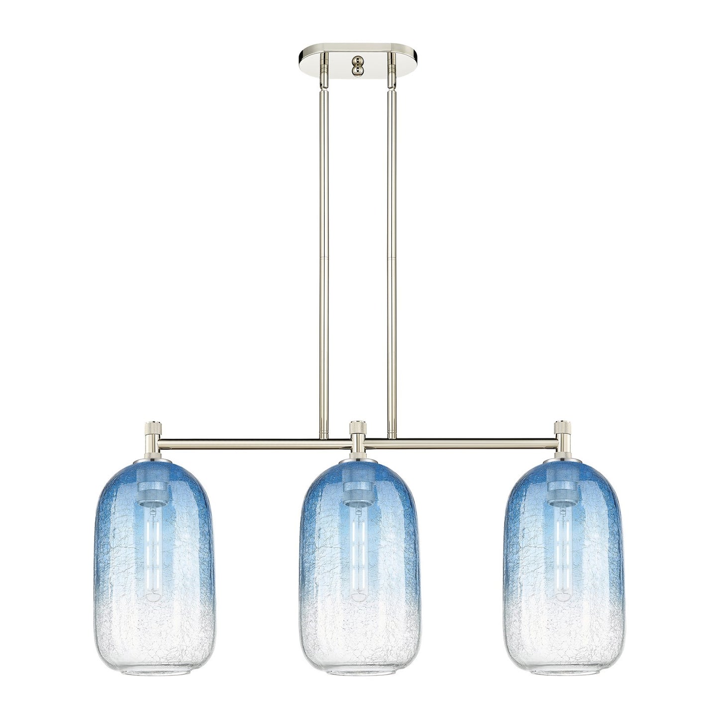 Innovations Brookhaven Cloche 34in 3-Light Island Light | Industrial Polished Nickel and Sapphire Blue Glass | Kitchen | Model 434-3I-PN-G482-7SB