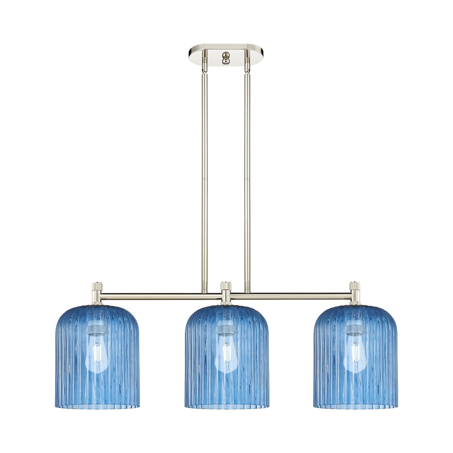 Innovations Crown Point 35in 3-Light Island Light | Industrial Polished Nickel and Princess Blue Glass | Kitchen Island | Model 434-3I-PN-G559-8BL