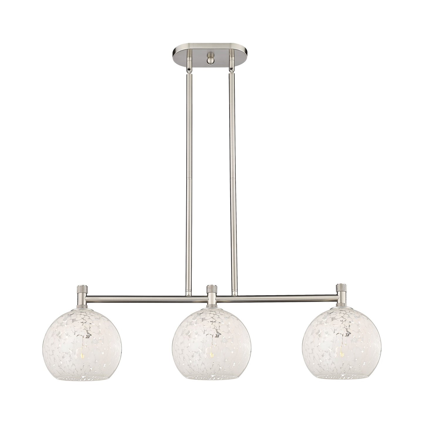 Innovations White Mouchette 35in 3-Light Island Light | Industrial Satin Nickel and White Glass | Kitchen Island & Dining | Model 434-3I-SN-G1216-8WM