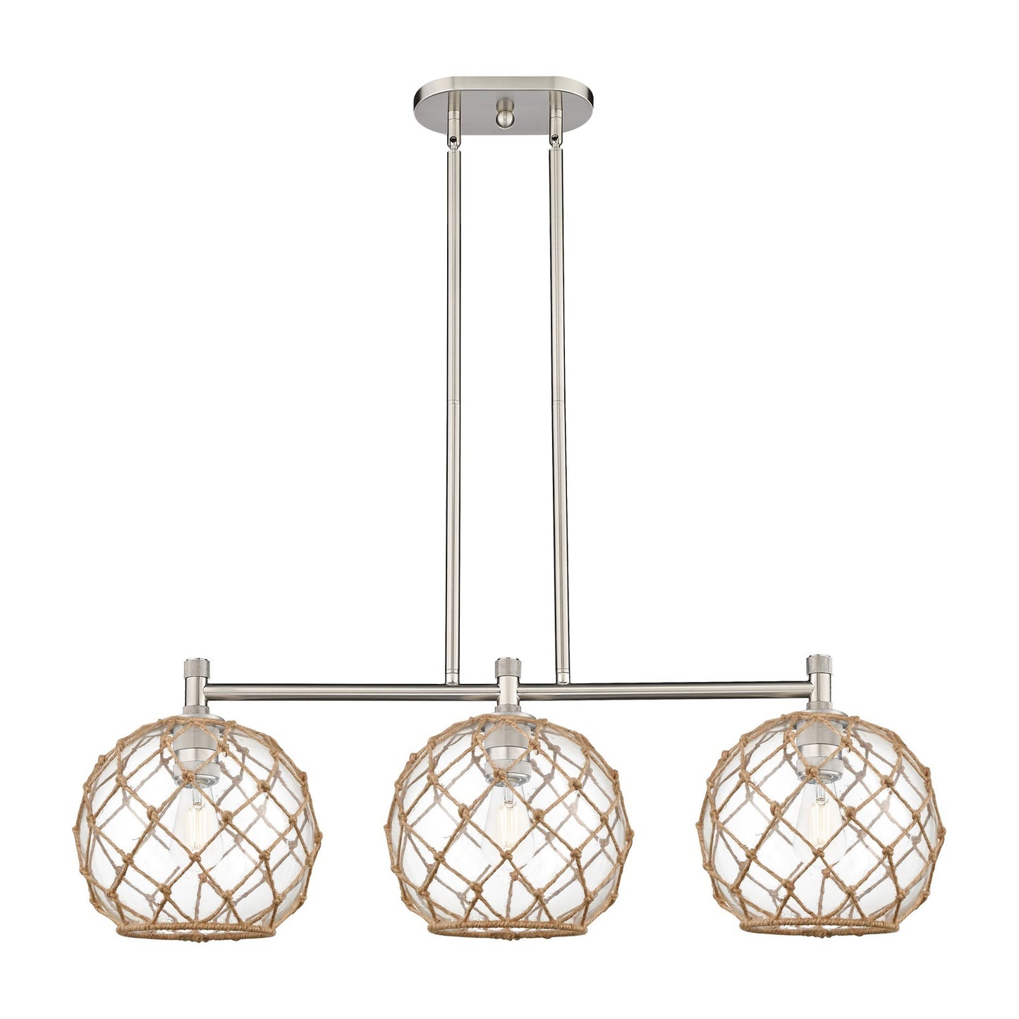 Innovations Farmhouse Rope 37in 3-Light Island Light | Industrial Satin Nickel and Clear Glass Brown Rope | Kitchen | Model 434-3I-SN-G122-10RB