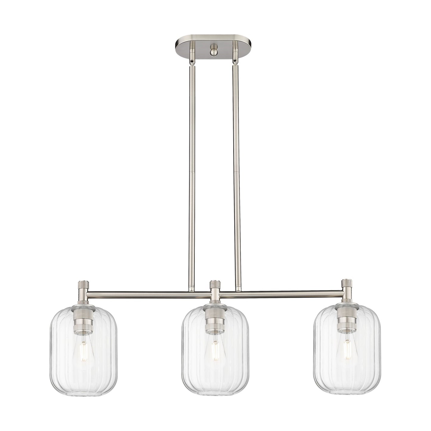Innovations Preston Cylinder 33in 3-Light Island Light | Industrial Satin Nickel and Clear Glass | Kitchen Island & Dining | Model 434-3I-SN-G460-7CL