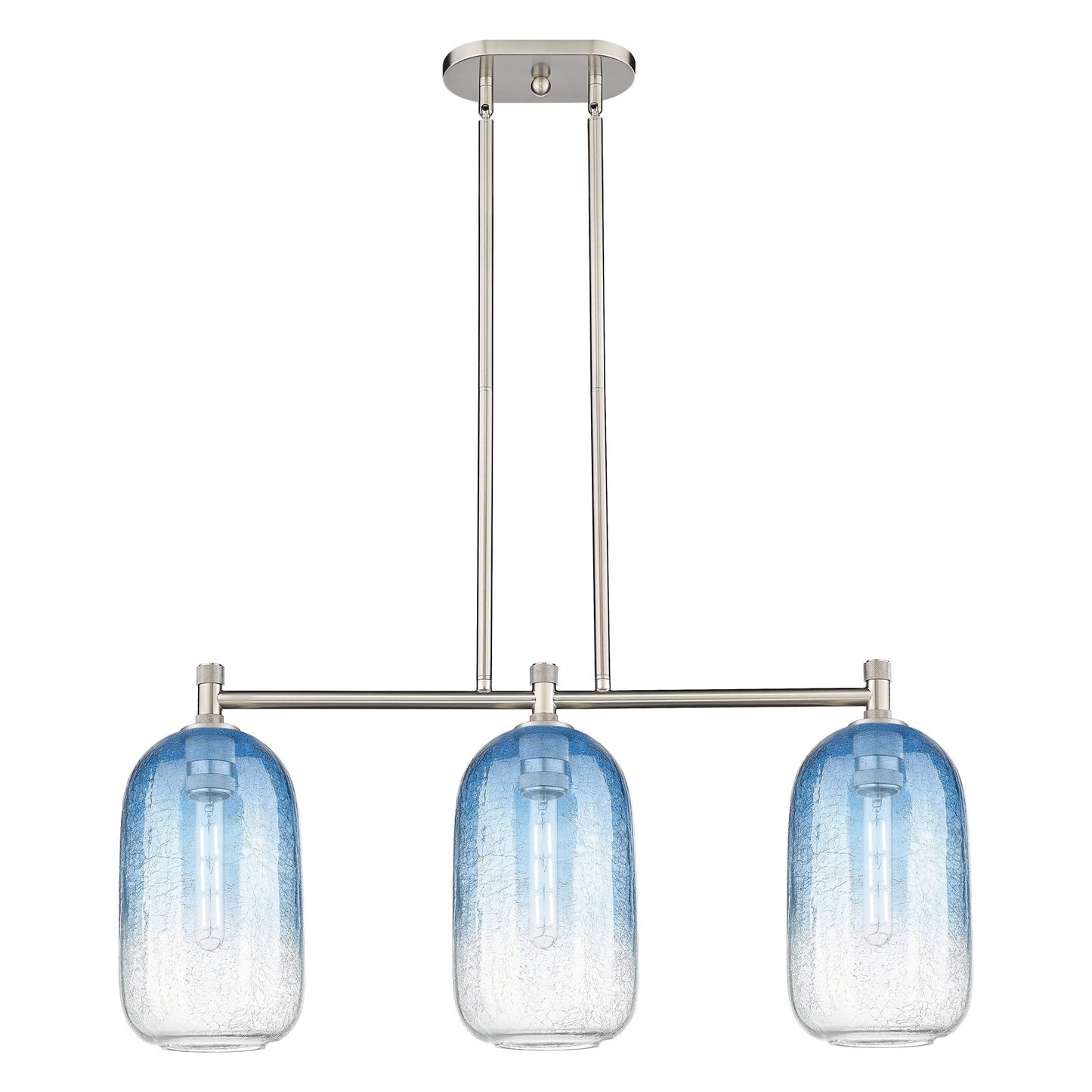 Innovations Brookhaven Cloche 34in 3-Light Island Light | Industrial Satin Nickel and Sapphire Blue Glass | Kitchen Island | Model 434-3I-SN-G482-7SB