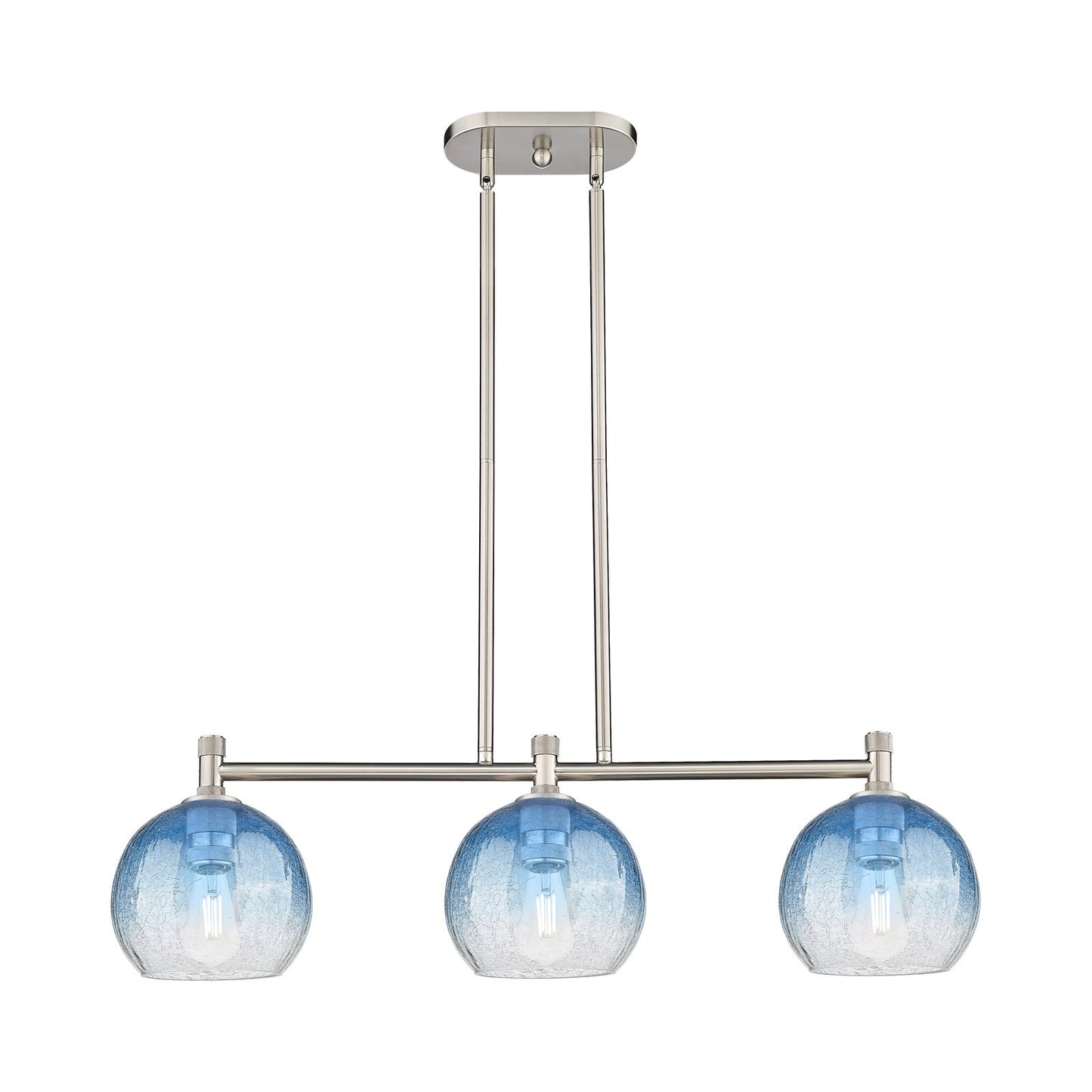 Innovations Brookhaven Globe 35in 3-Light Island Light | Industrial Satin Nickel and Sapphire Blue Glass | Kitchen Island | Model 434-3I-SN-G483-8SB