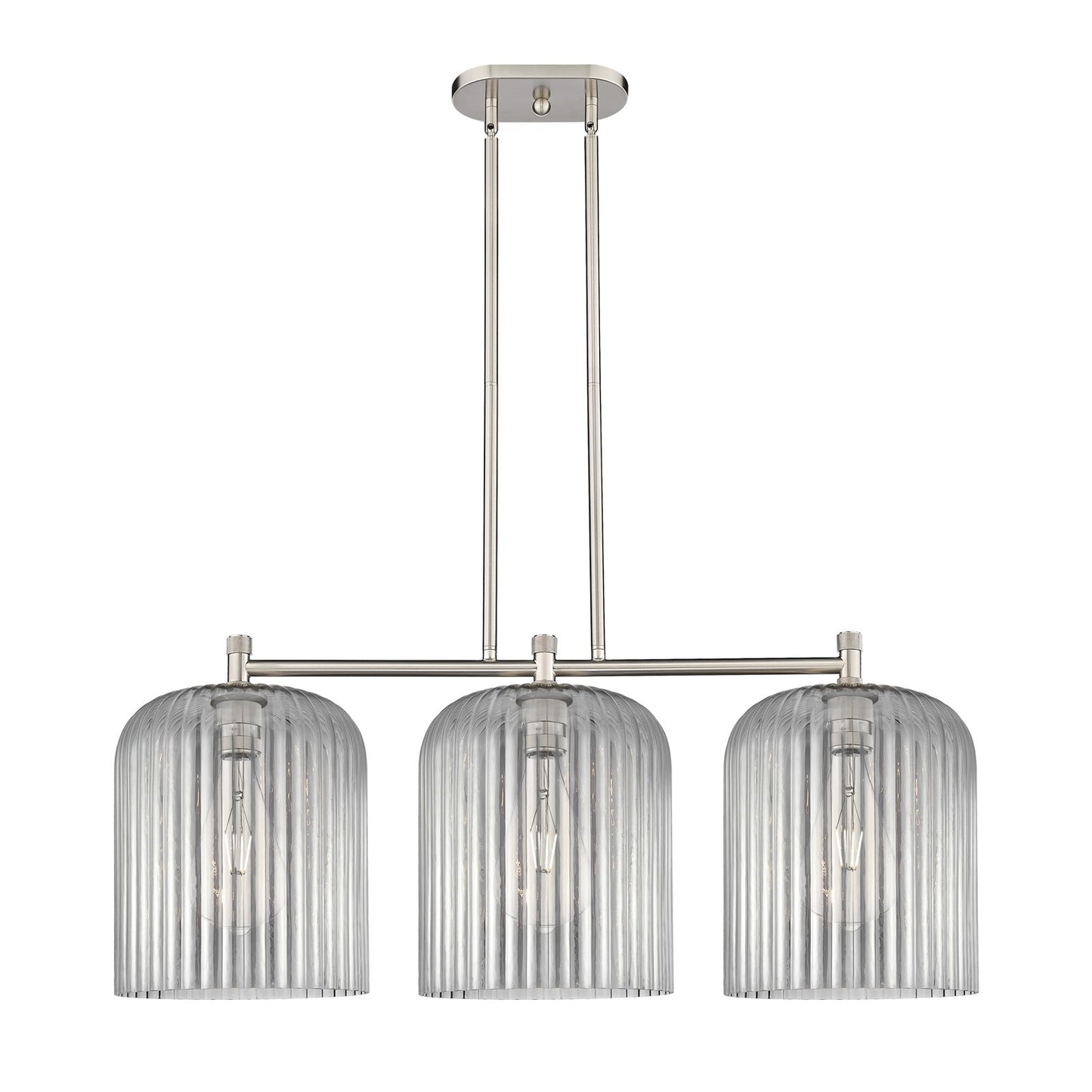 Innovations Crown Point 39in 3-Light Island | Industrial Satin Nickel and Light Smoke Glass | Kitchen Island & Dining | Model 434-3I-SN-G559-12SM