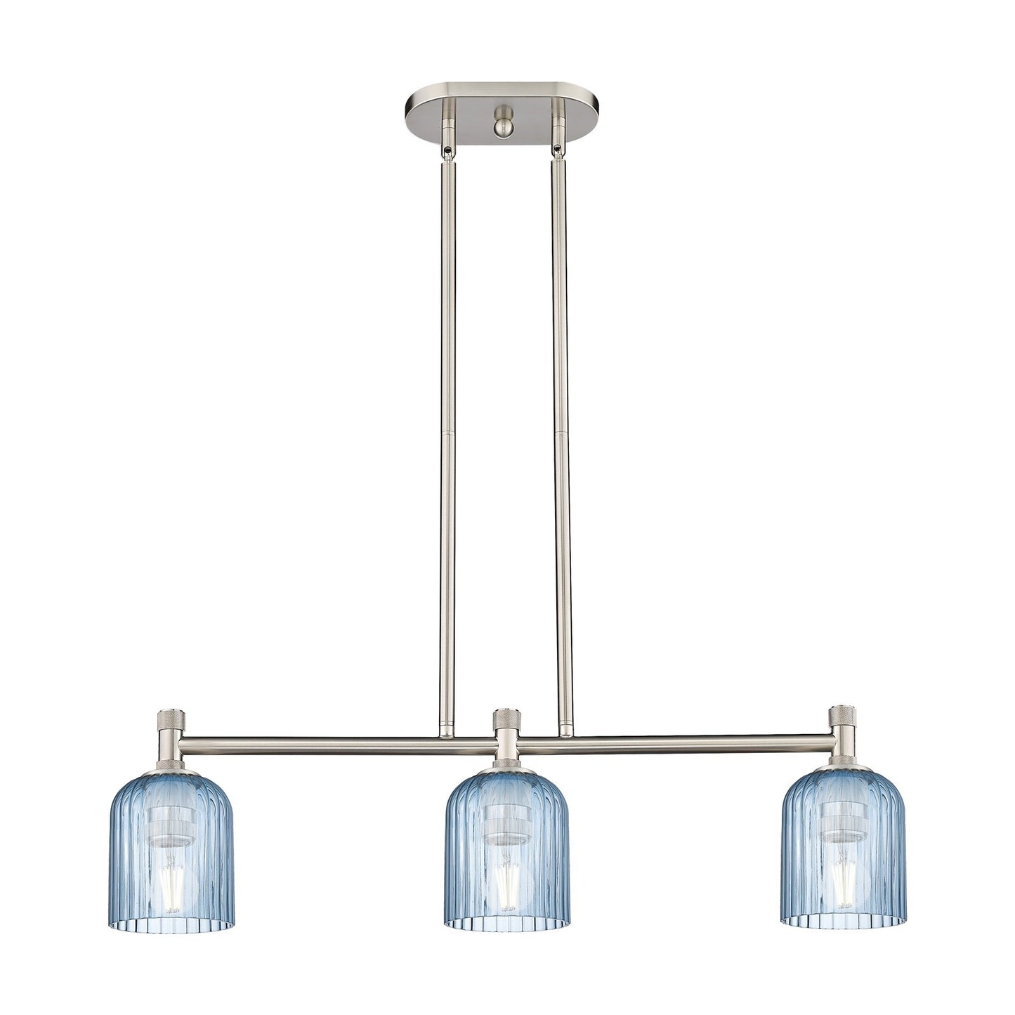 Innovations Crown Point 32in 3-Light Island | Industrial Satin Nickel and Princess Blue Glass | Kitchen Island & Dining | Model 434-3I-SN-G559-5BL